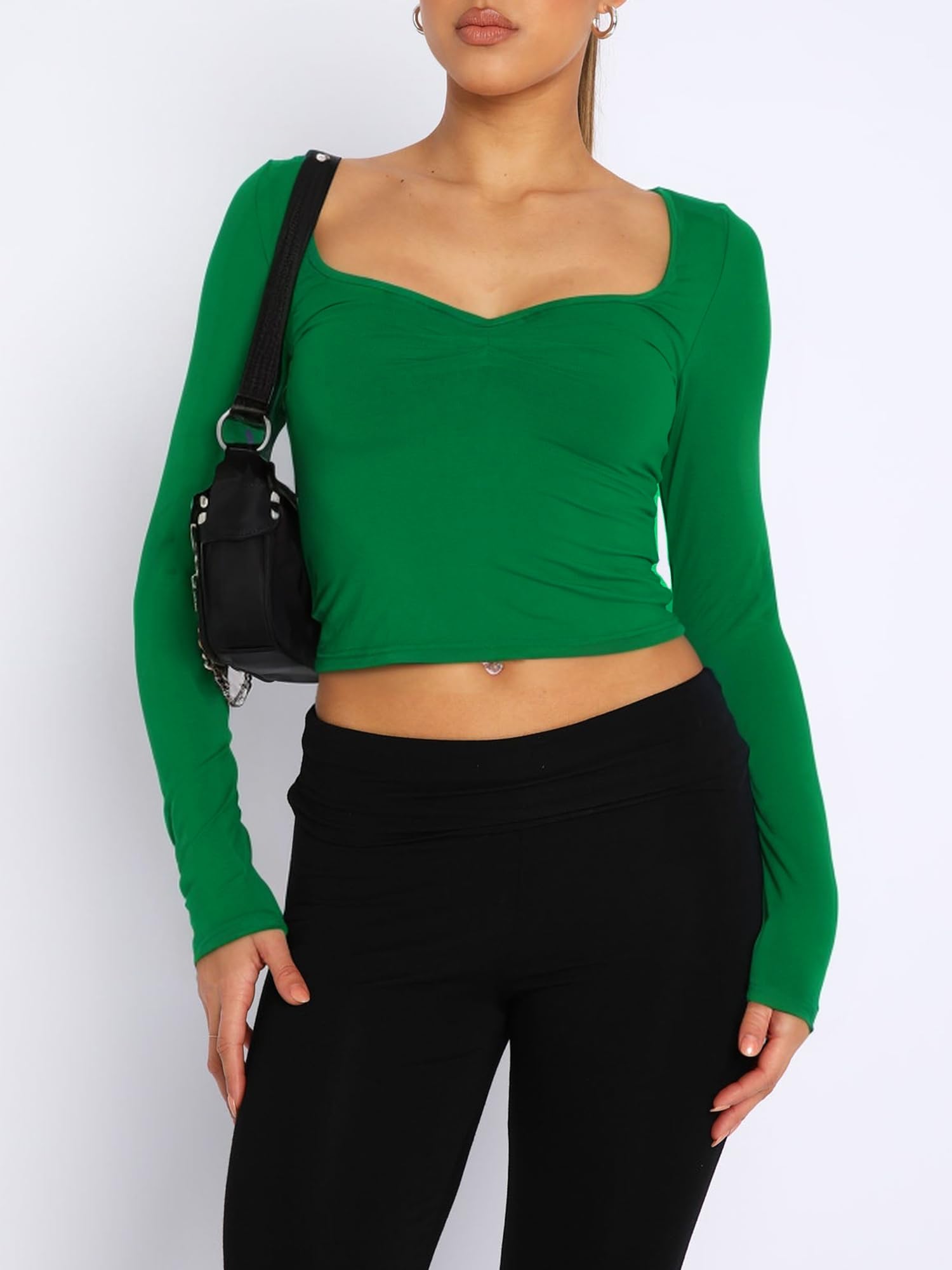 ForeFair Women's Sexy Long Sleeve Bustier Top with Sweetheart Neck & Pleated Detail - Y2K Cropped Shirt for Clubbing, Date Night & Party Outfits