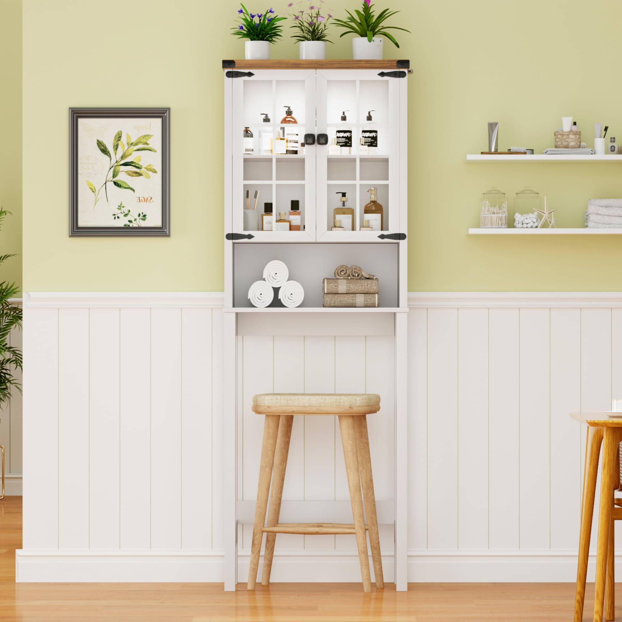 Over The Toilet Storage Cabinet with Shelves & Doors - White Bathroom Organizer with Anti-Tip Design & Ceiling Light - Space Saving Free Standing Toilet Shelf for Bathroom, Bedroom or Laundry Room Organization