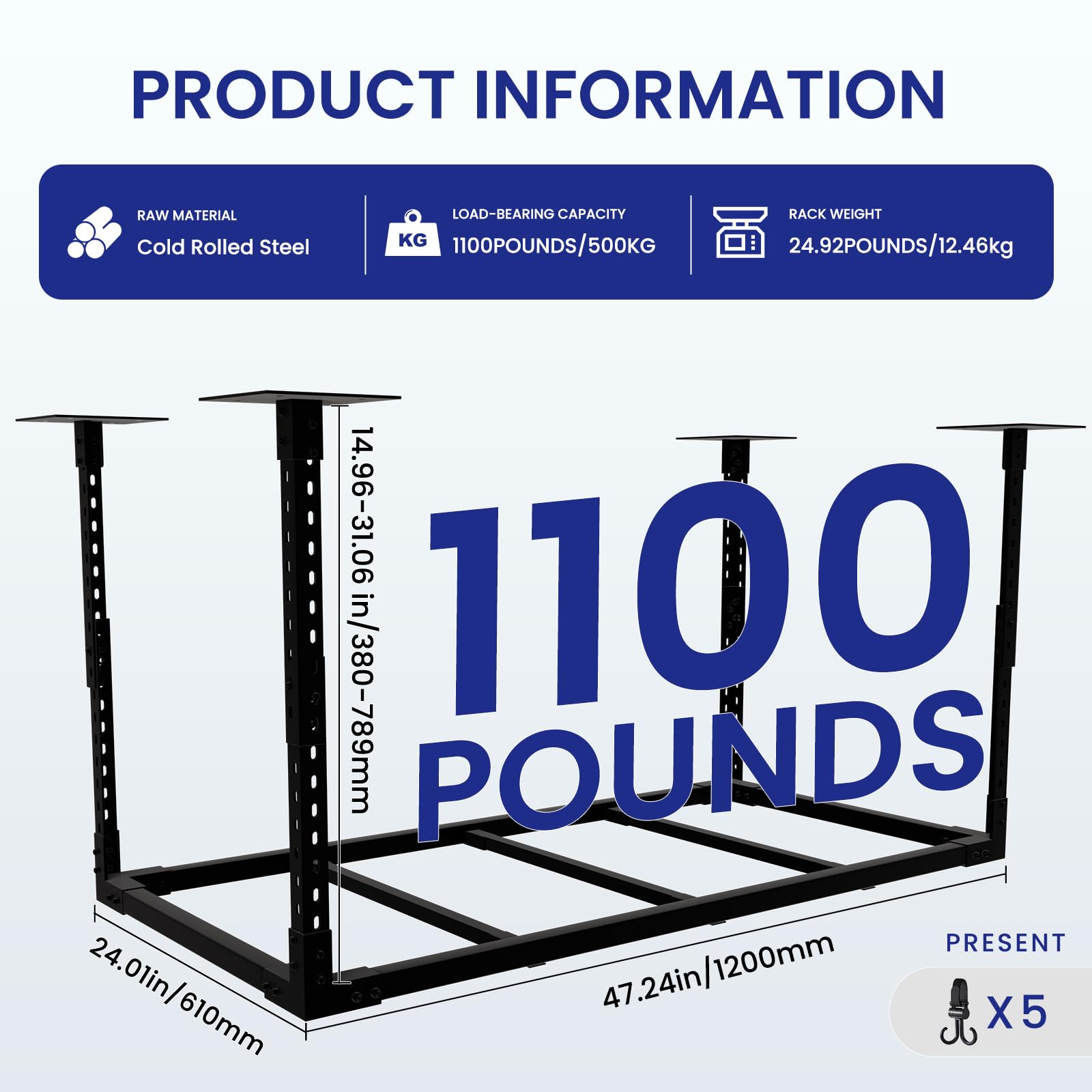 2×4' Heavy Duty Overhead Garage Storage Rack - Adjustable Ceiling Shelving System with 1100 lbs Capacity - Black (Bottomless) - Perfect for Organizing Tools, Sports Gear & Seasonal Items