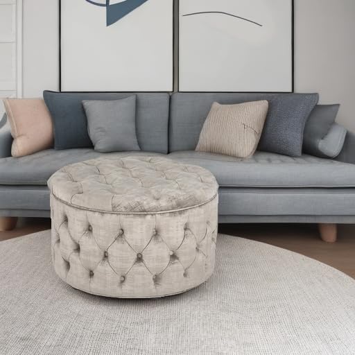 Joveco Round Storage Ottoman with Removable Top - Button Tufted Upholstered Bench, Coffee Table & Footrest Stool for Living Room, Bedroom & Entryway - Perfect for Extra Seating, Storage & Home Decor (Beige)