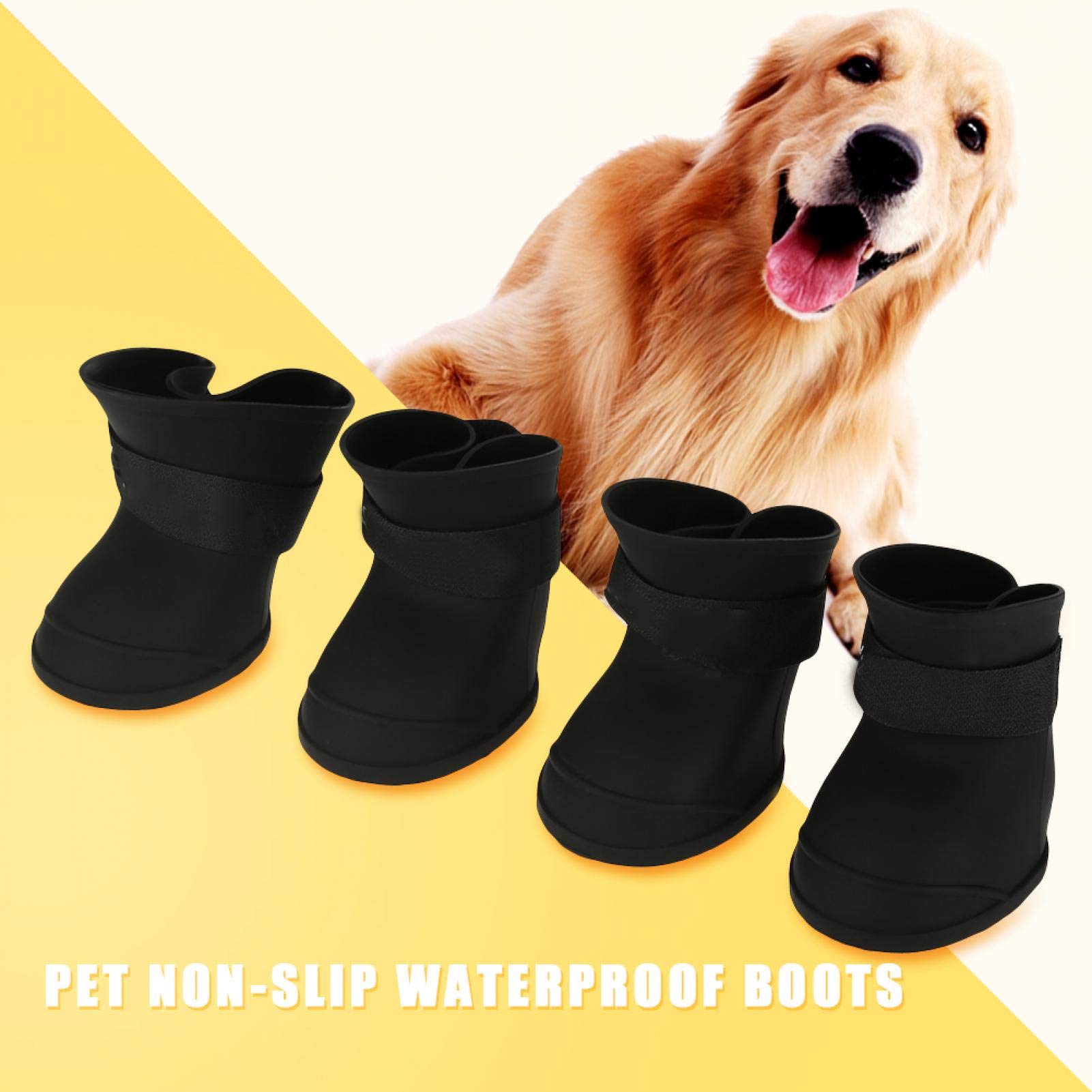 4 Pairs Waterproof Anti-Slip Dog Boots - Fashionable Silicone Pet Shoes for Puppy & Small Dogs - Protective Rain & Winter Boots for Walking, Hiking & Outdoor Adventures (Black, Medium)
