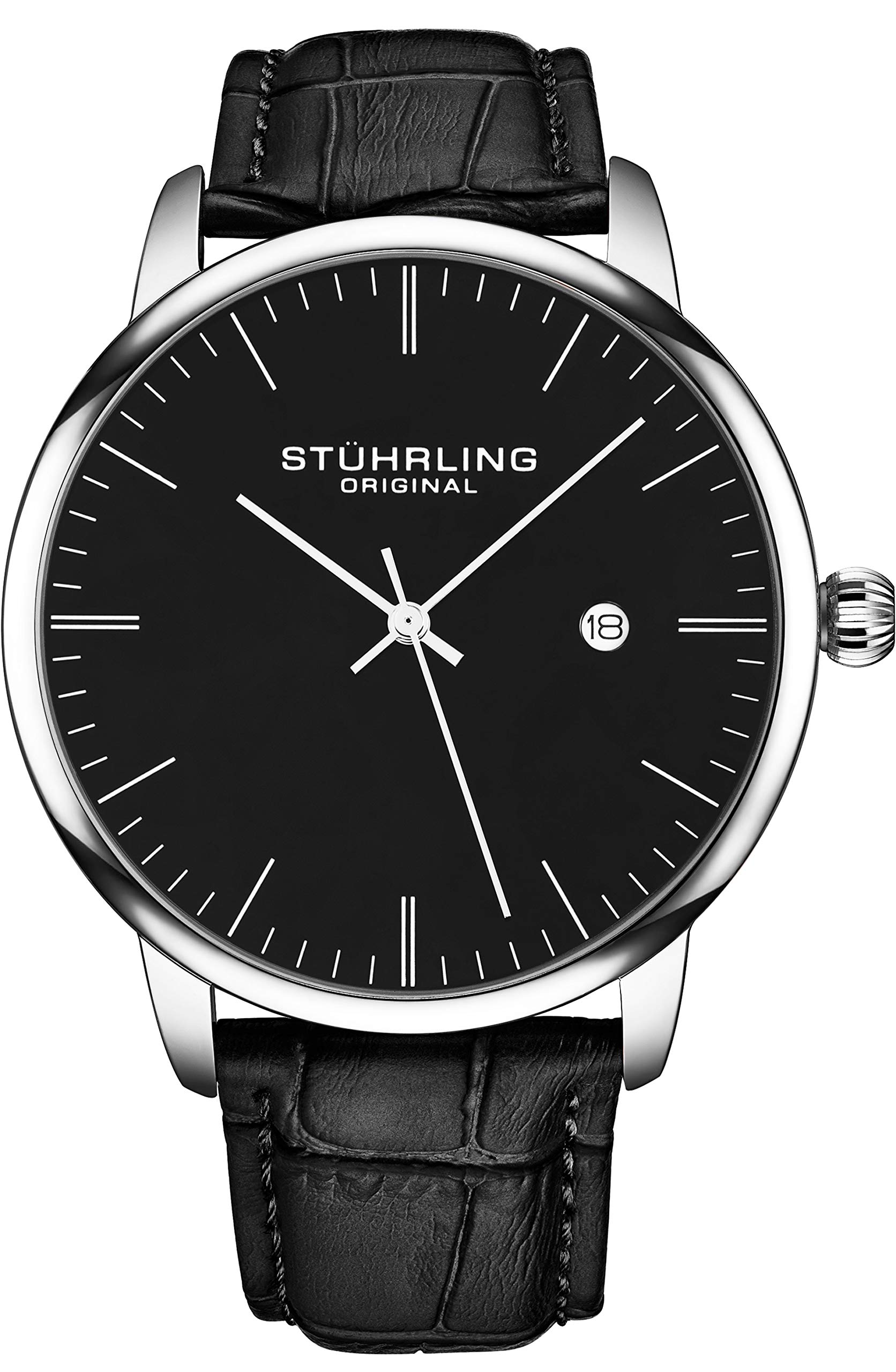 Stuhrling Original Men's Black Dress Watch - Classic Analog Watch with Date, Calfskin Leather Strap - Minimalist Wristwatch for Business, Formal Occasions & Everyday Wear