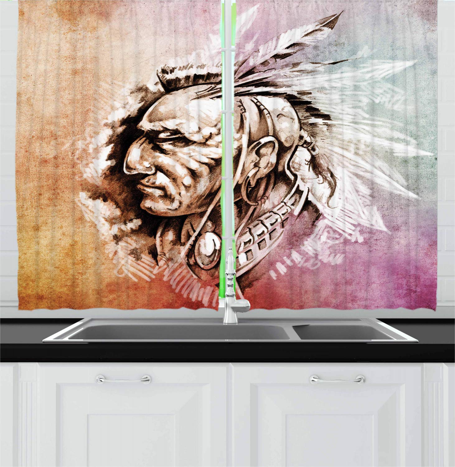 Ambesonne Native American Kitchen Curtains - 2 Panel Set with Headdress Design on Watercolor Backdrop, 55