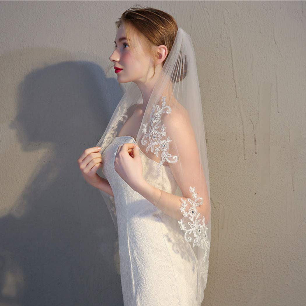 Crystal Embroidered Wedding Veil - 1 Tier Short Hip Length Bridal Veil with Lace Applique | Soft Tulle Hair Accessory for Women & Girls (Ivory) | Perfect for Church Weddings, Beach Ceremonies & Bridal Portraits