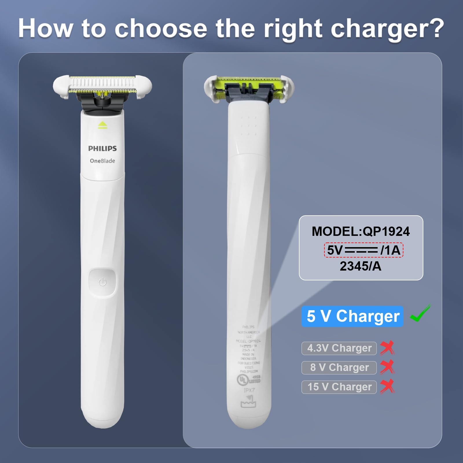 Original Philips OneBlade QP1924/70 Replacement Charger - Compatible with Philips Norelco OneBlade QP2724, QP2834, QP2824, S3341, MG5910, MG7910, 2400, 2600, 3600 & MG9510 Electric Shavers - 5V USB Adapter for Men's Grooming (Includes Cleaning Brush) - Perfect for Travel, Home & Gym Use