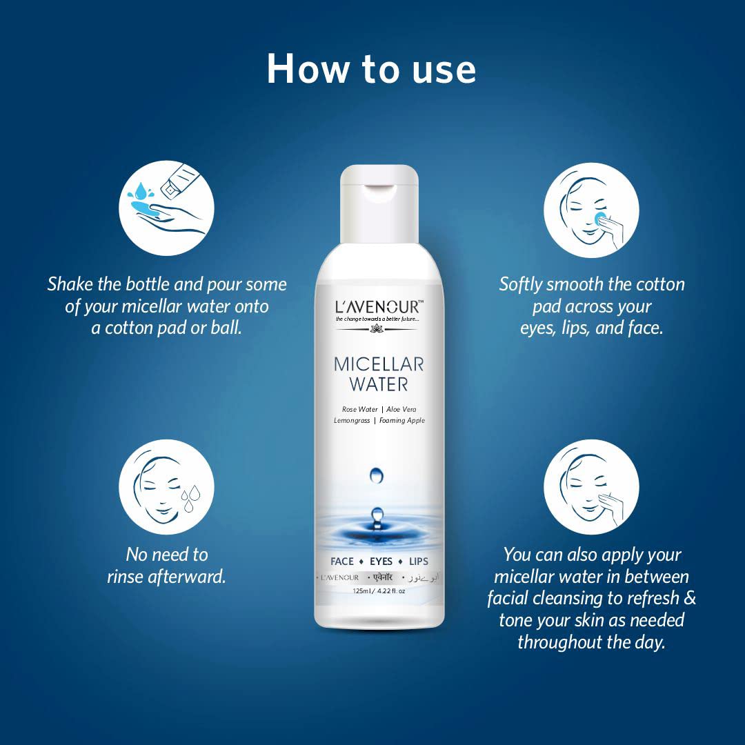 L'avenour Micellar Cleansing Water for Face, Eyes & Lips | Gentle Makeup Remover & Deep Cleanser | All Skin Types | SLS & Parabens Free | 125ml (Pack of 2) | Perfect for Travel, Daily Skincare & Quick Makeup Removal