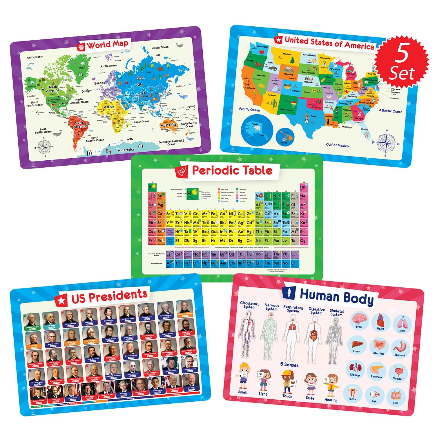 10 Kids Placemats - 2 Packs of 5 Simply Magic Non-Slip Placemats for Toddlers & Children | Waterproof & Washable for Dining Table, High Chair & Kitchen Use