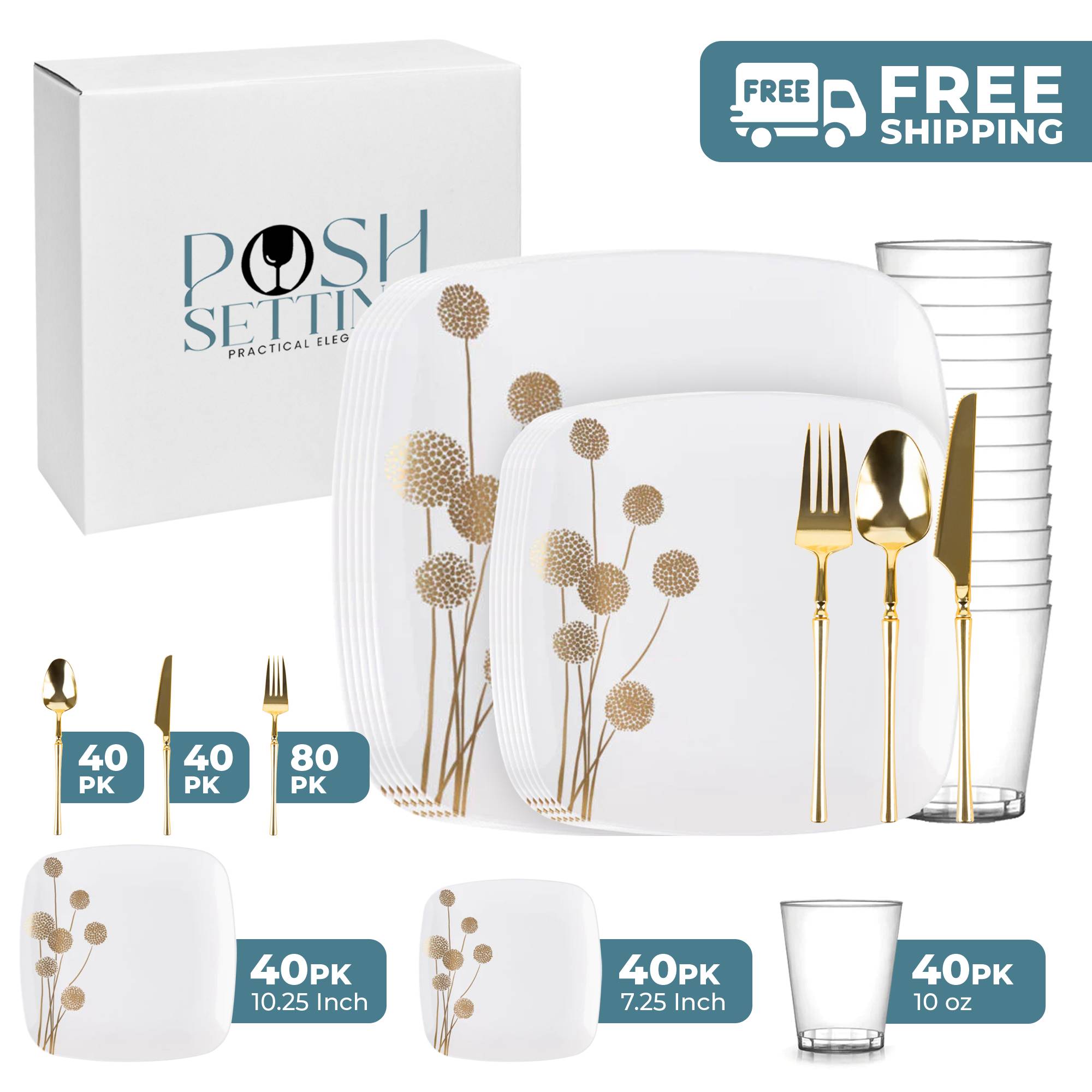 White and Gold Plastic Party Bundle - Dandelion Themed Decorations for Birthday, Wedding, Baby Shower & Special Events