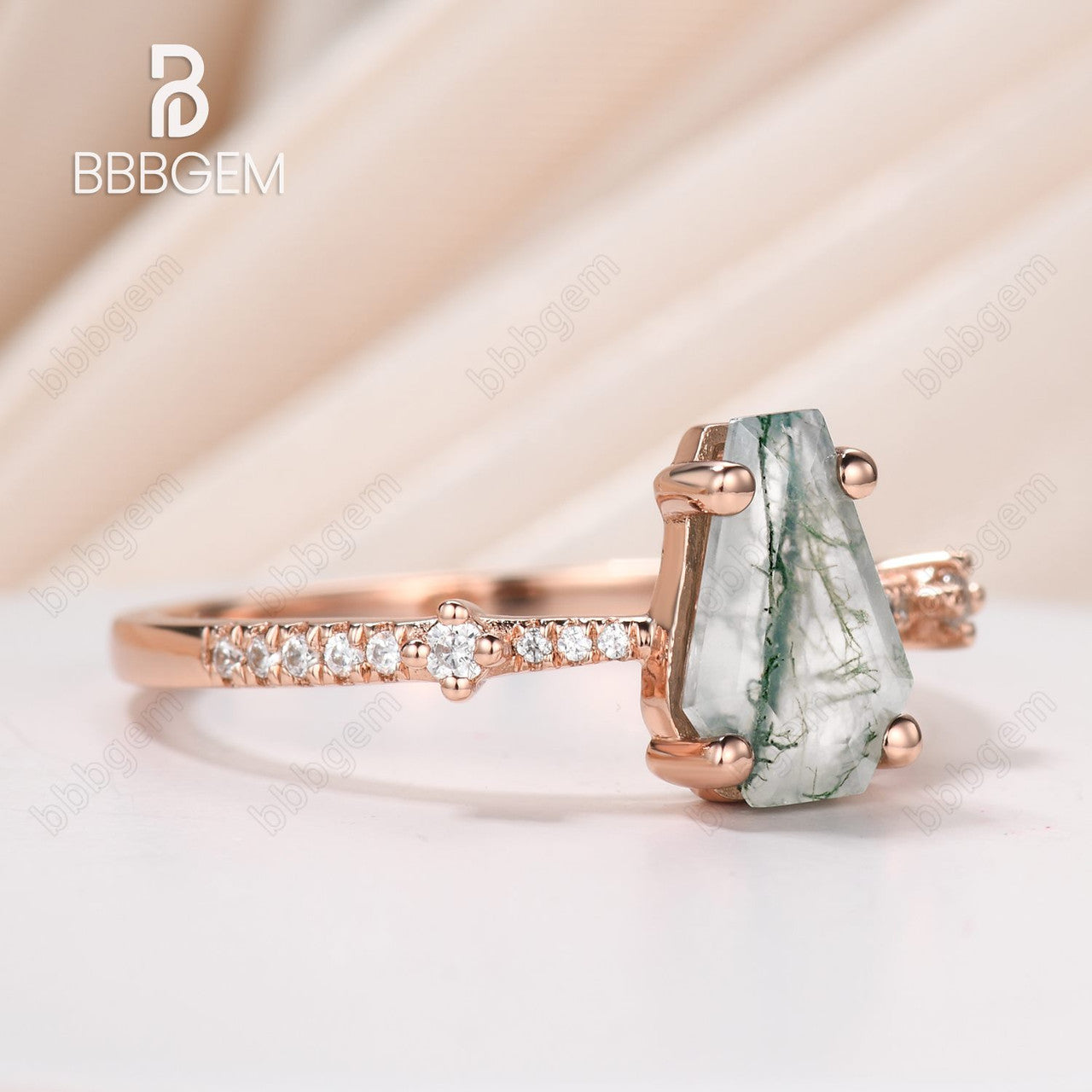 Natural Green Moss Agate Promise Ring with Moissanite Band in Rose Gold & Silver | Unique Coffin Cut Design for Engagement, Wedding & Anniversary Gifts | Handmade Jewelry for Her