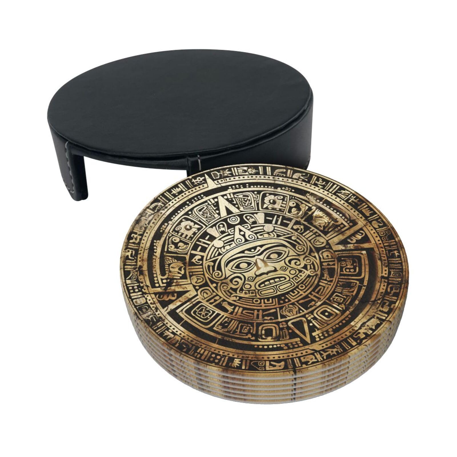 Aztec Calendar Mayan Coasters Set of 6 with Holder - Leather Drink Coasters for Cups & Mugs - Round Table Mat Pads for Home, Kitchen & Office Decor