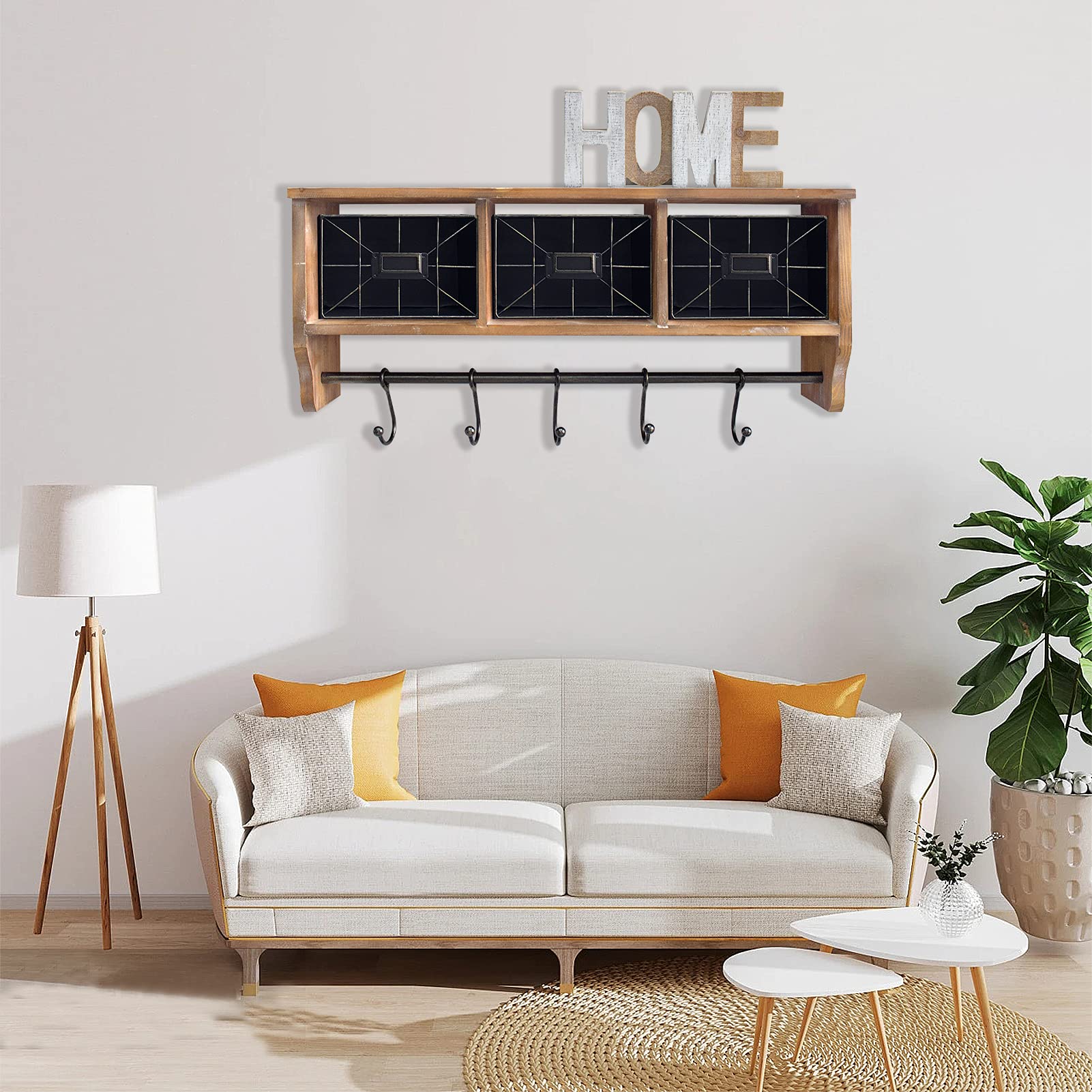 Wall Mounted Coffee Bar Shelf with Baskets & Hooks - Rustic Wooden Entryway Organizer for Coats, Towels & Kitchen Storage | Perfect for Bathroom, Living Room & Home Entryway Decor