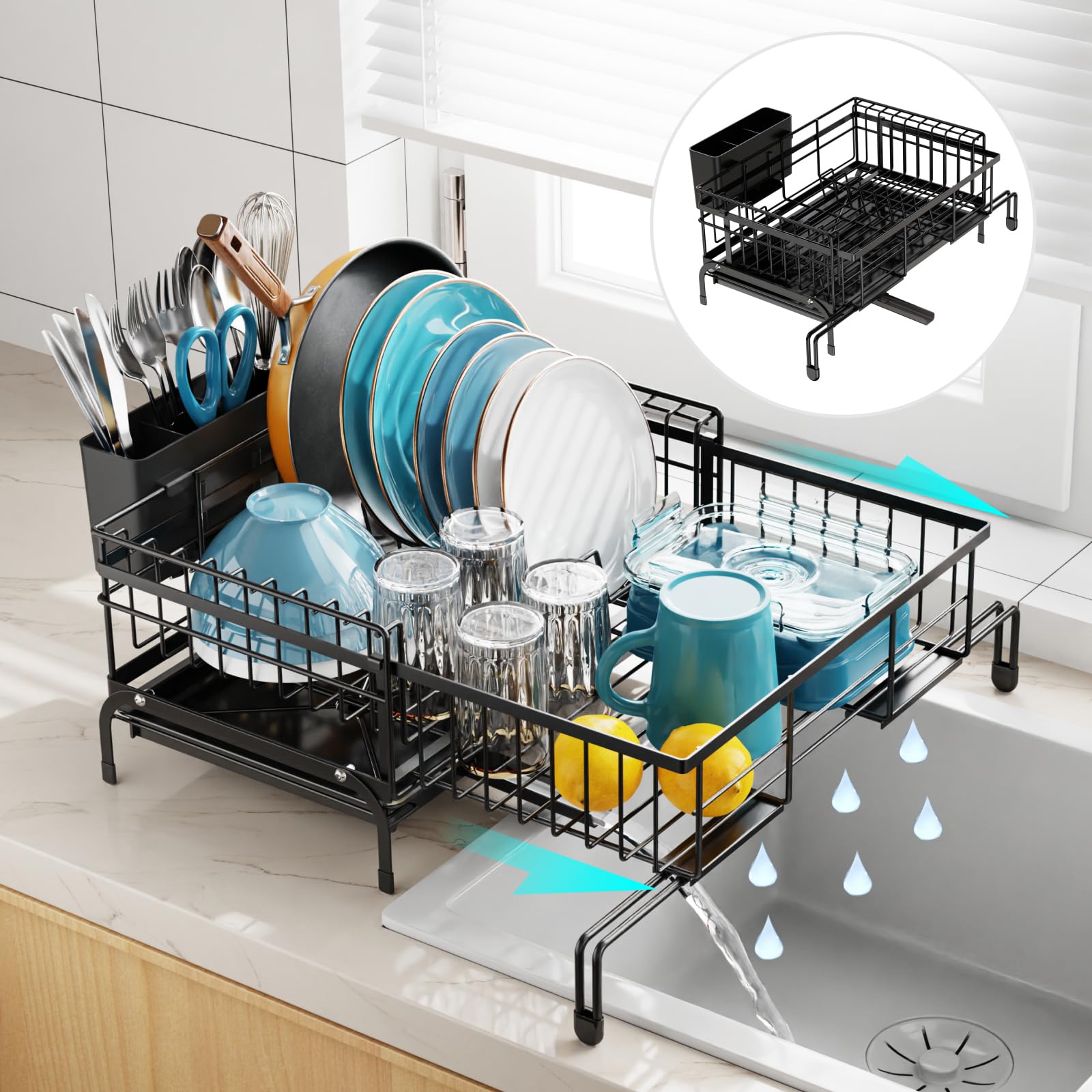 GSlife Expandable Dish Drying Rack with Drainboard - 2-in-1 Rustproof Kitchen Sink Organizer for Countertop & RV | Space-Saving Dish Drainer with Pan Slot & Utensil Holder | Perfect for Small Apartments, Camping & Dorm Rooms