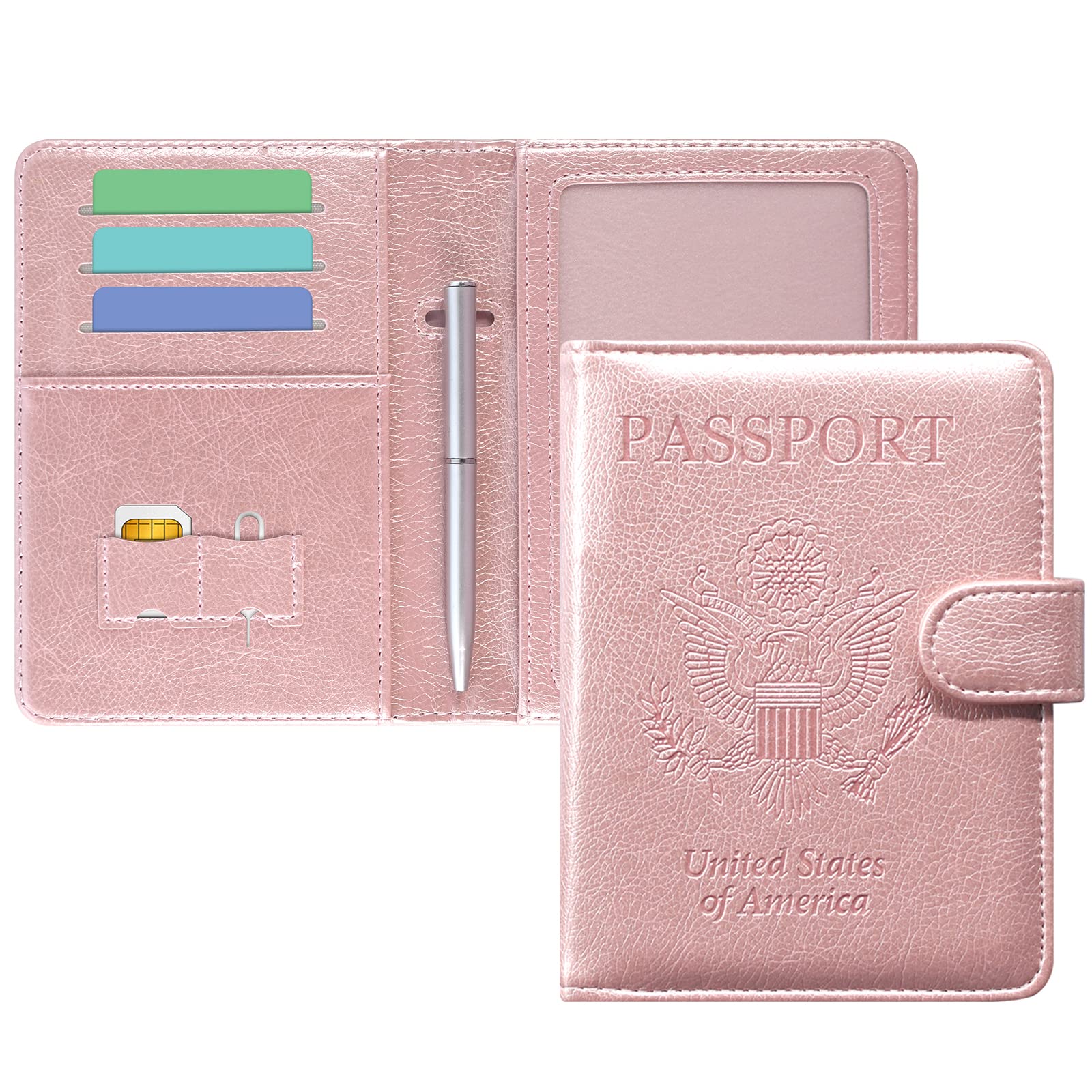 Premium PU Leather RFID Blocking Passport Holder & Travel Wallet - Secure Magnetic Closure Passport Cover Case with Free Mini Pen - Rose Gold Travel Document Organizer for Women & Men | Perfect for Airports, Business Trips & International Travel