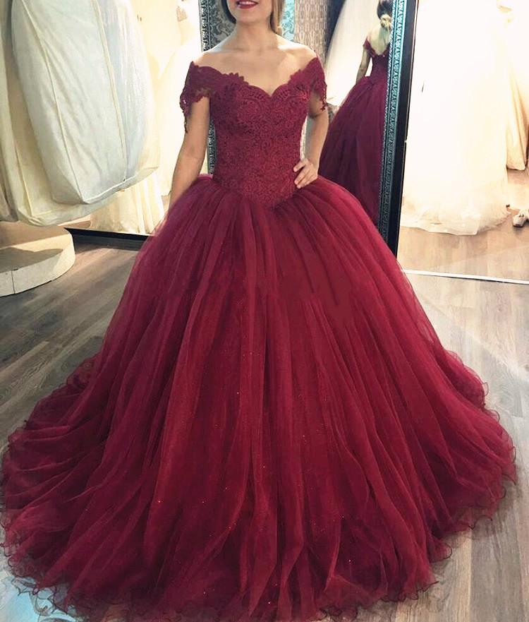 Elegant Burgundy Ball Gown Dress with Lace Off-Shoulder Design for Prom, Wedding & Evening Events