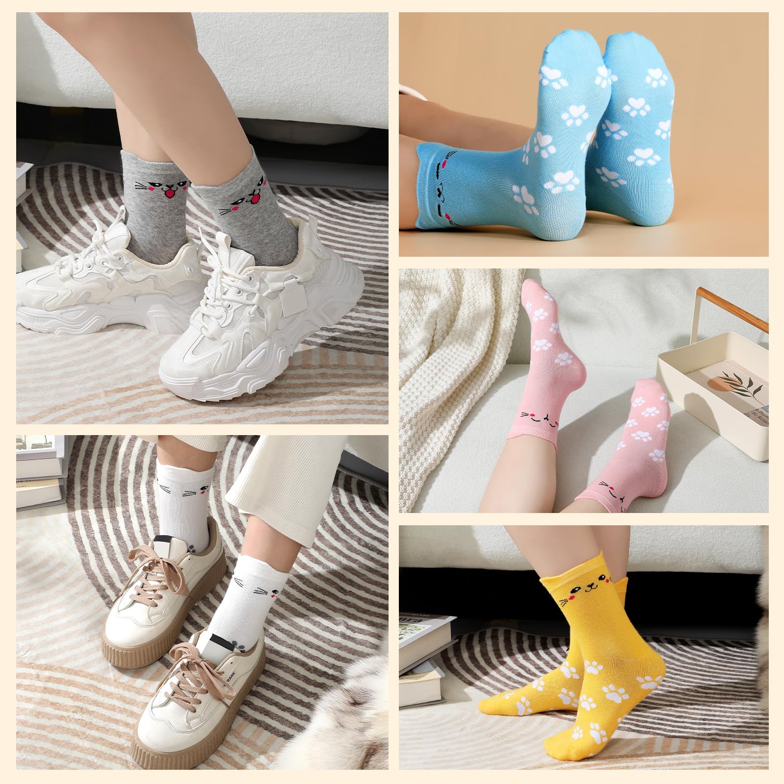 Women's Cat Socks - 5 Pairs Colorful Cute Animal Crew Socks | Novelty, Soft Knit, Cozy & Comfortable | Perfect for Gifts, Cosplay & Everyday Wear
