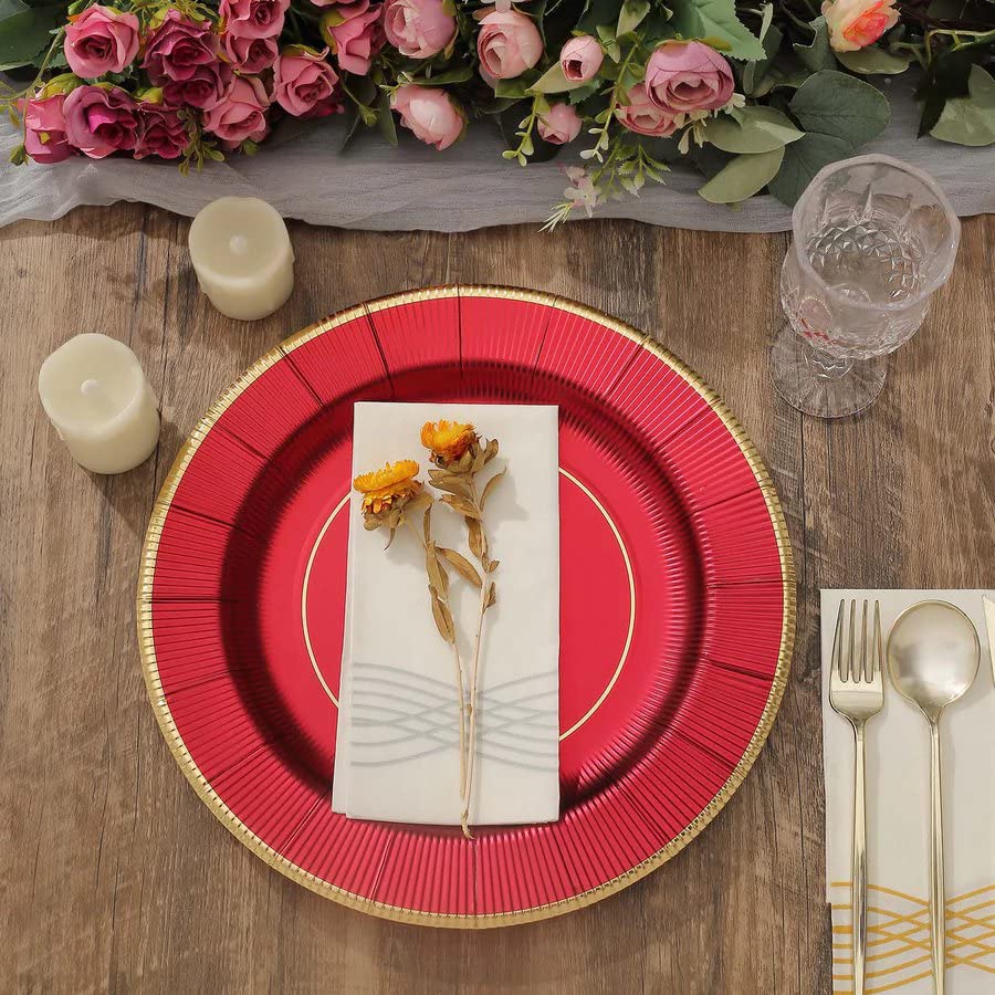 25 Pack 13-inch Round Disposable Paper Plates - Burgundy with Metallic Trim for Weddings, Parties, Catering & Home Decor - Elegant Charger Plates for Dinnerware & Table Setting