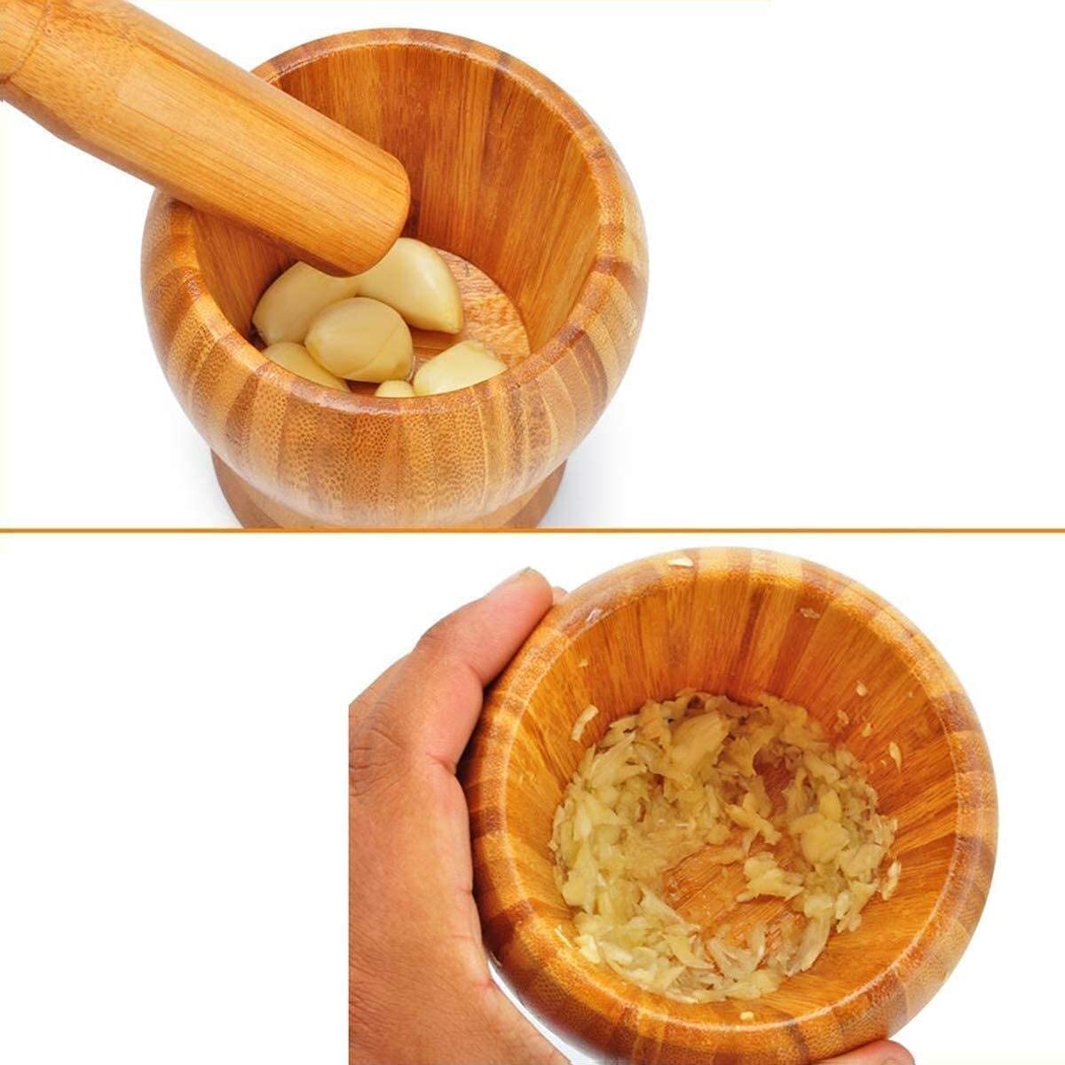 Natural Bamboo Mortar and Pestle Set - 100% Organic Spice Grinder for Crushing Herbs, Garlic, Pepper, Nuts & Making Guacamole - Eco-Friendly Kitchen Tool for Cooking, Baking & Meal Prep