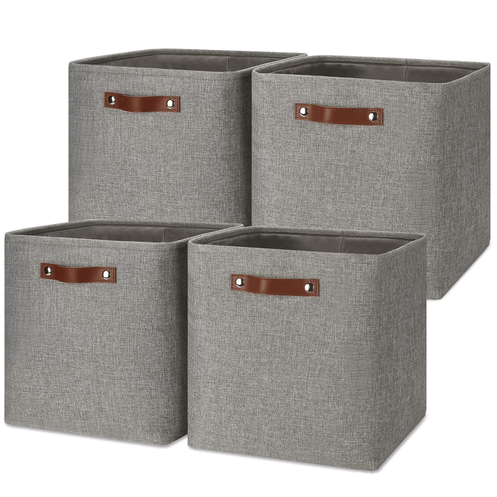 13 Inch Fabric Storage Cubes with Leather Handles - Set of 4 Grey Organizer Bins for Shelves, Home & Office - Perfect for Toys, Books, Clothes and Home Organization