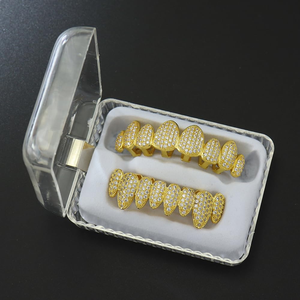 18K Gold Plated Hip Hop Grillz Set with CZ Diamonds - Customizable Teeth Grill for Men & Women - Perfect for Halloween, Parties & Rap Performances - Includes Extra Molding Bars & Iced Out Design
