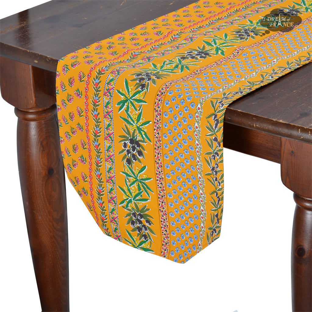 16x72 Yellow Olive Acrylic Coated Cotton Table Runner - French Provence Style Home Decor for Dining Table, Kitchen, Wedding & Party Decorations by Le Cluny