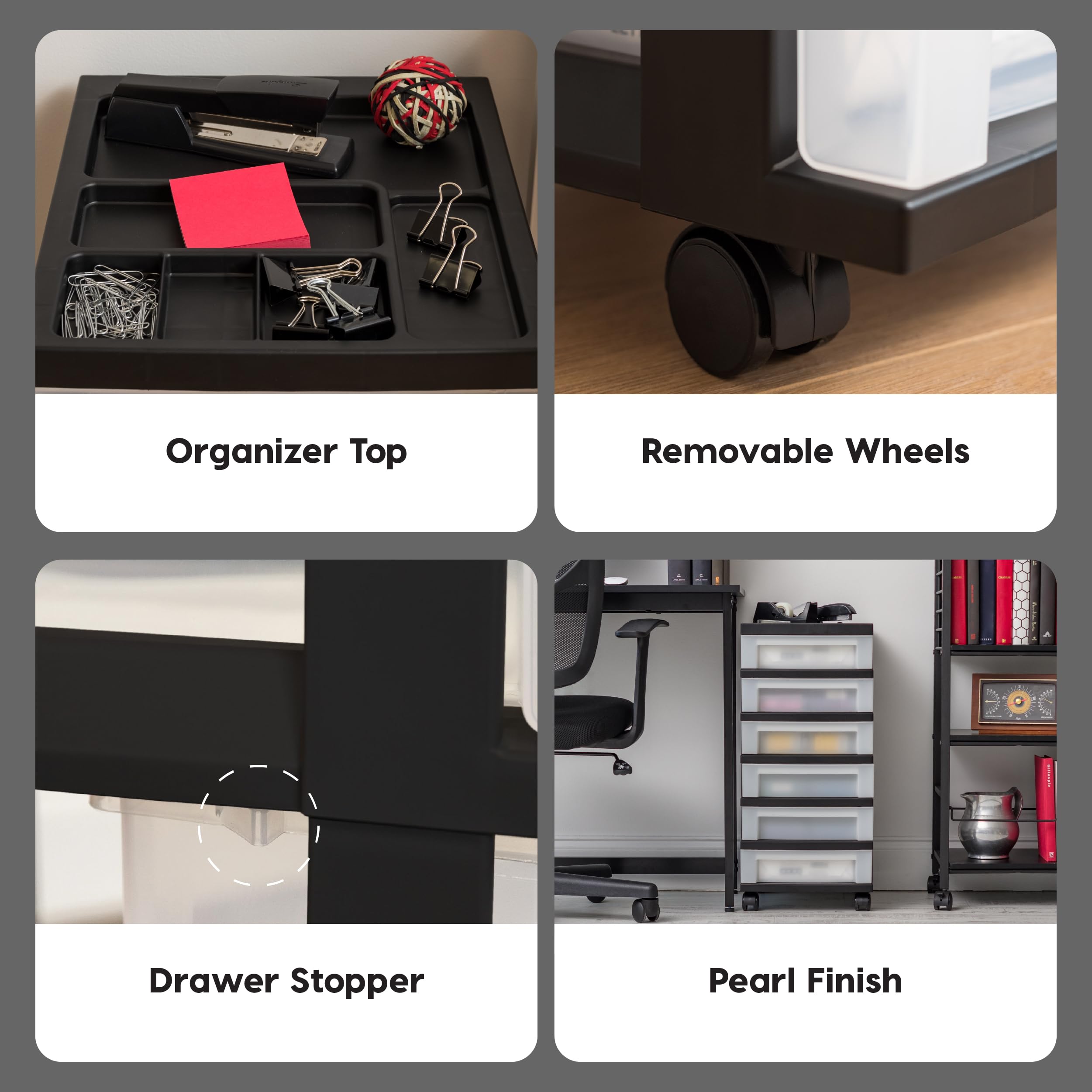 IRIS USA 6-Drawer Rolling Storage Cart with Wheels - Plastic Organizer for Classroom, Craft Supplies, Bedroom, Bathroom & Laundry Room - Black & Pearl - Perfect for Home Organization, Dorm Rooms & Office Storage