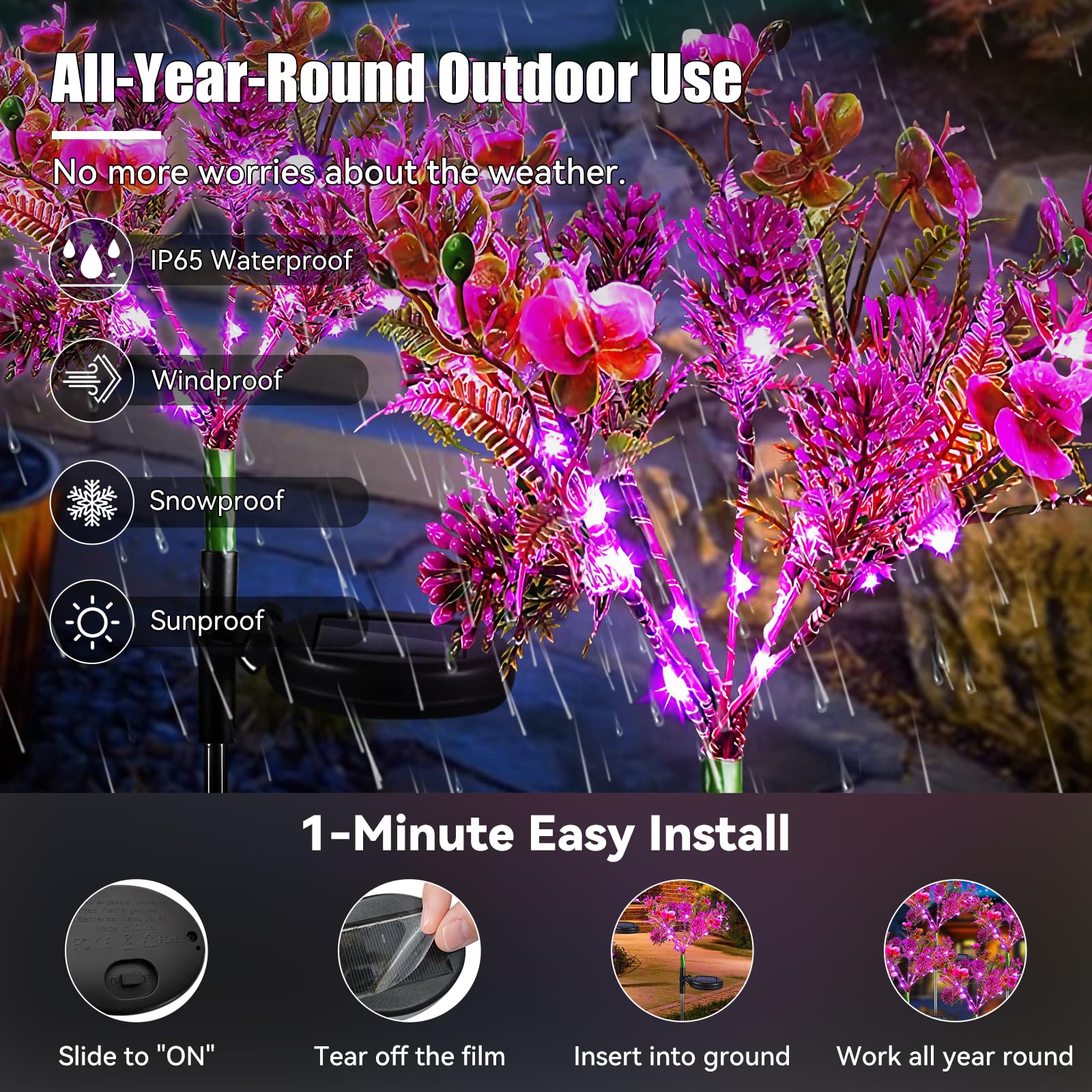 Neporal 4PK Purple Phalaenopsis Solar Garden Lights - Waterproof Outdoor Solar Flowers for Garden, Yard, Pathway Decor - Perfect for Patio, Lawn, Landscape Lighting at Night