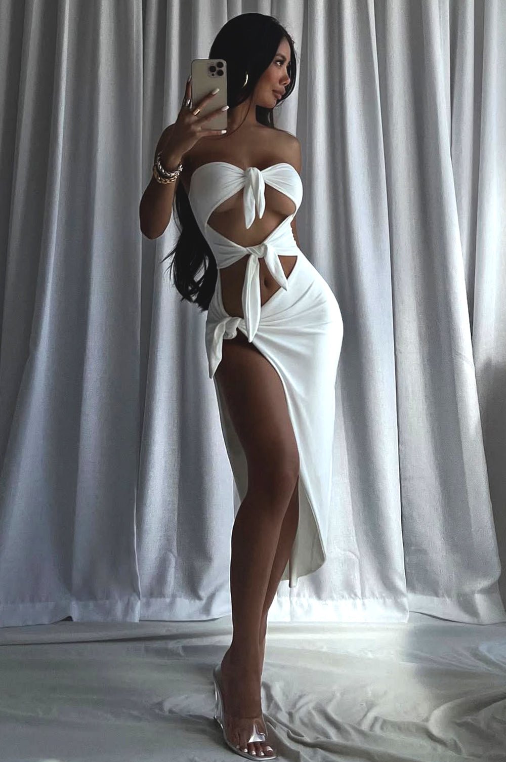 Elegant White Strapless Tie-Up Cut-Out Slit Midi Dress for Women | Summer Beach Party & Cocktail Night Outfits | Sexy Bodycon Formal Evening Gown