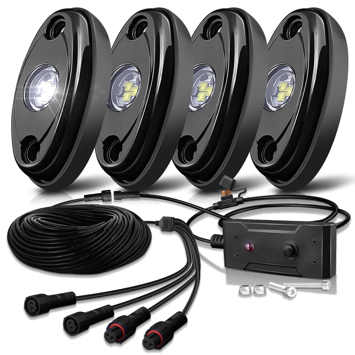 LEDMIRCY R1 White LED Rock Lights Kit - 4PCS Off-Road Underglow Lighting with Switch & Wiring Harness | Waterproof & Shockproof High-Power LED Lights for Trucks, RZR, ATV, UTV, SUV | Perfect for Trail Riding, Night Off-Roading & Vehicle Customization