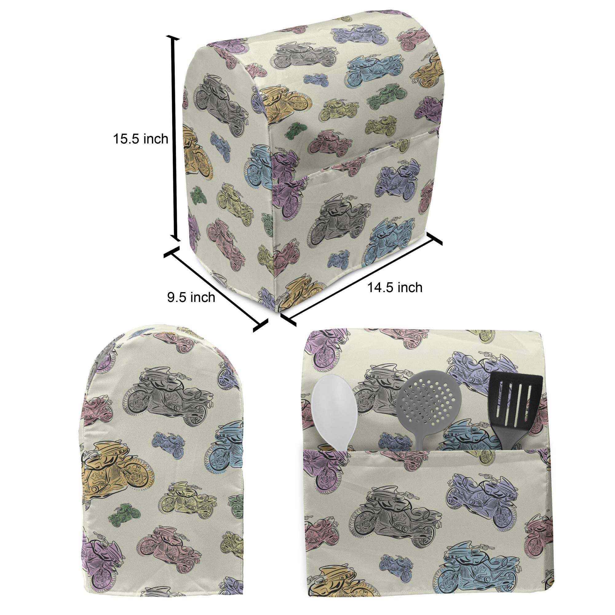 Ambesonne Motorcycle Stand Mixer Cover - Pastel Racing Motorcycle Sketch Cartoon Style, Large & Small Kitchen Appliance Organizer with Pocket (Fits 6-8 Quart Mixers) - Perfect for Kitchen Decor, Motorcycle Enthusiasts & Gift Giving