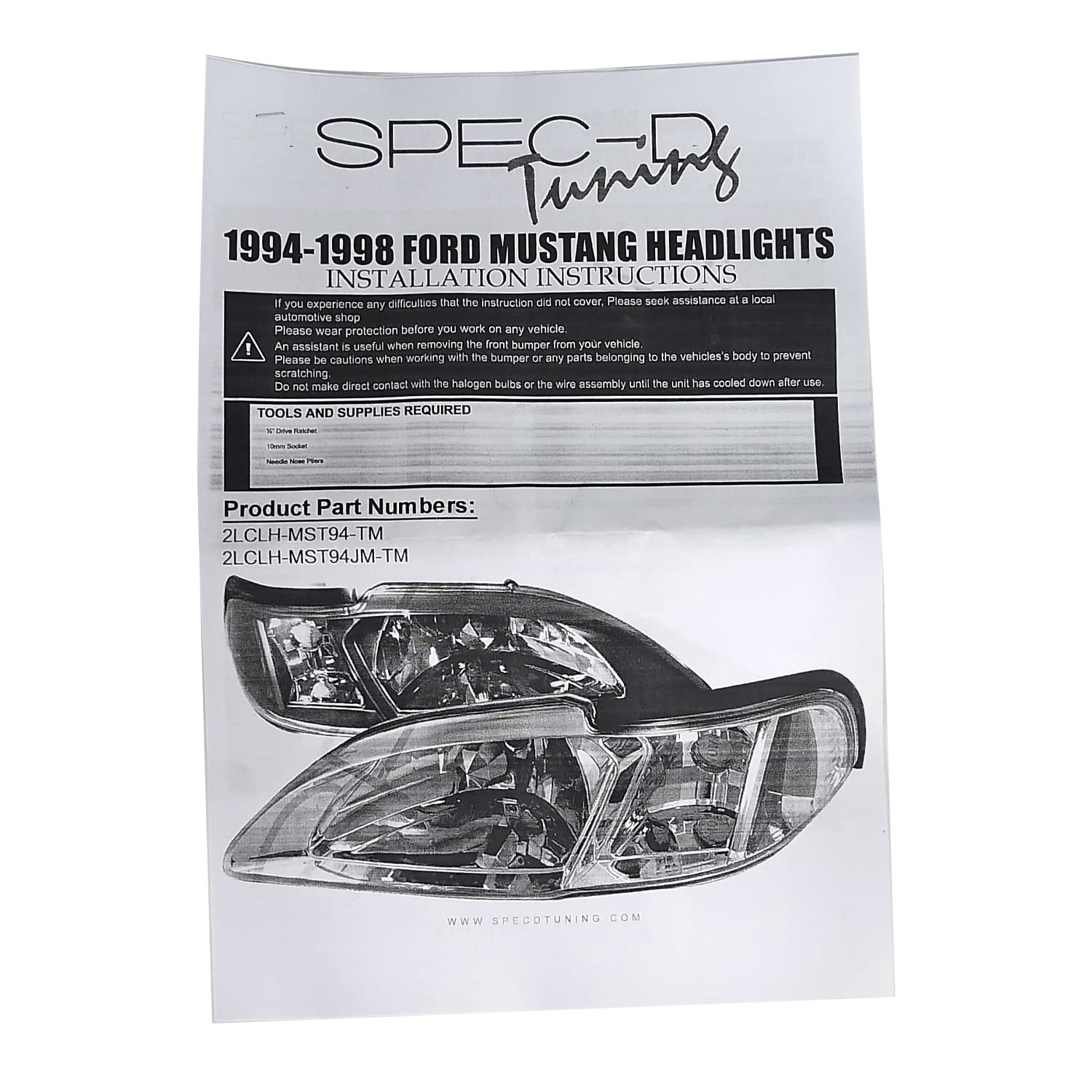 Spec-D Tuning Black 1PC Style Headlights for 1994-1998 Ford Mustang - Left & Right Pair Headlight Assembly - Upgrade Your Ride with Sleek Lighting for Night Driving & Car Shows