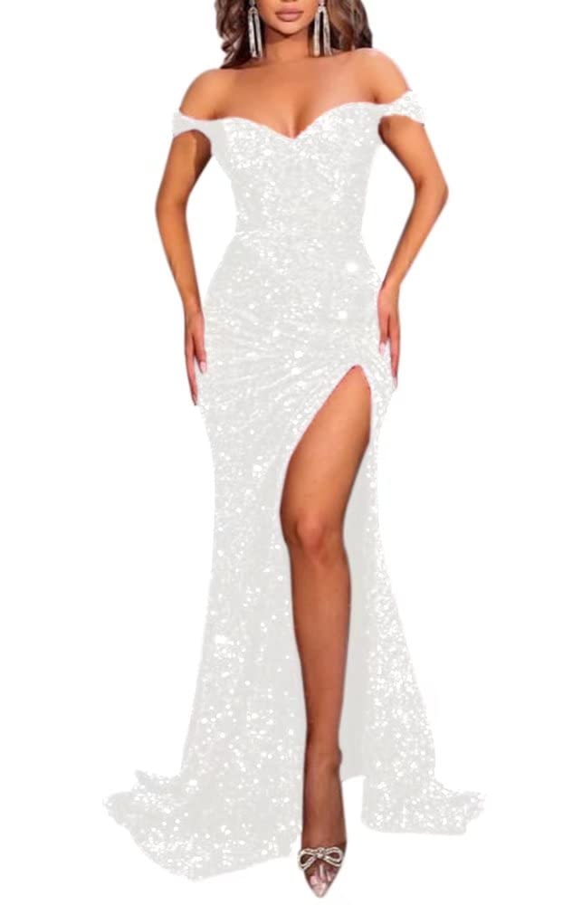 AlfaBridal Women's Sparkly Sequin Mermaid Prom Dress - Off Shoulder Long Formal Evening Gown with High Slit | Perfect for Homecoming, Pageants, and Red Carpet Events