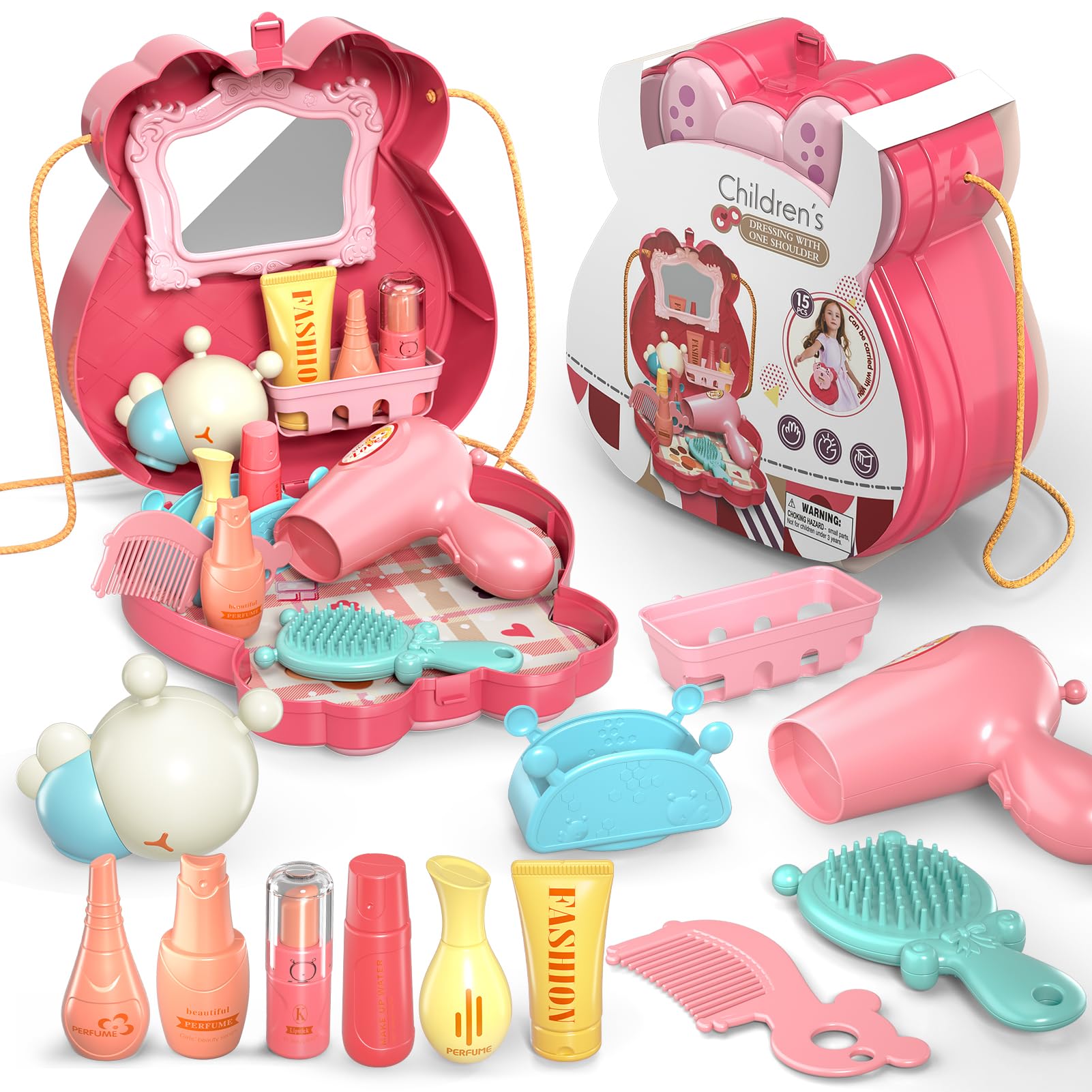 **Pretend Play Toys for Kids - Vanity Set with Mirror & Toy Makeup Kit, Beauty Salon Play Set with Bag & Accessories - Perfect Birthday Gift for Girls & Toddlers - Ideal for Role Play, Dress-Up & Pretend Makeup Fun**