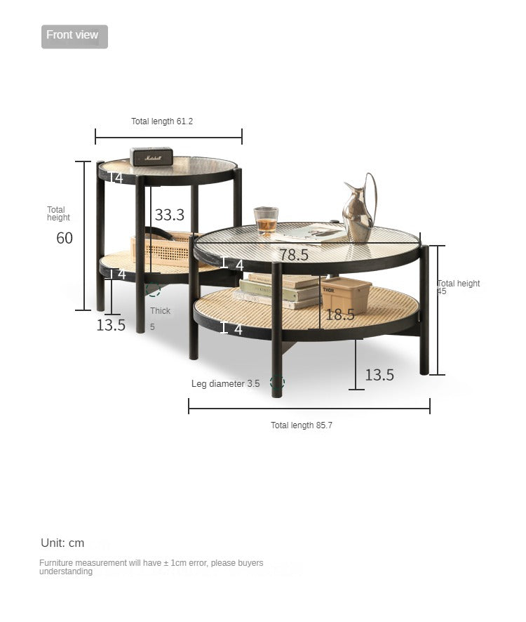 Solid Oak Wood Rattan Black Glass Round Coffee Table - Modern Living Room Centerpiece for Home Decor