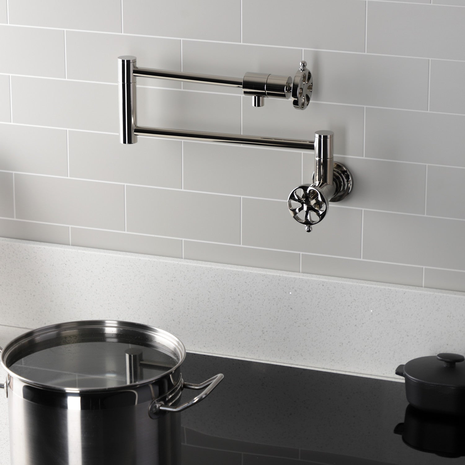 Belknap KS4106RX Two Handle Wall Mount Pot Filler Faucet - Polished Nickel Finish - Ideal for Kitchen Sink, Stove & Cooking Area