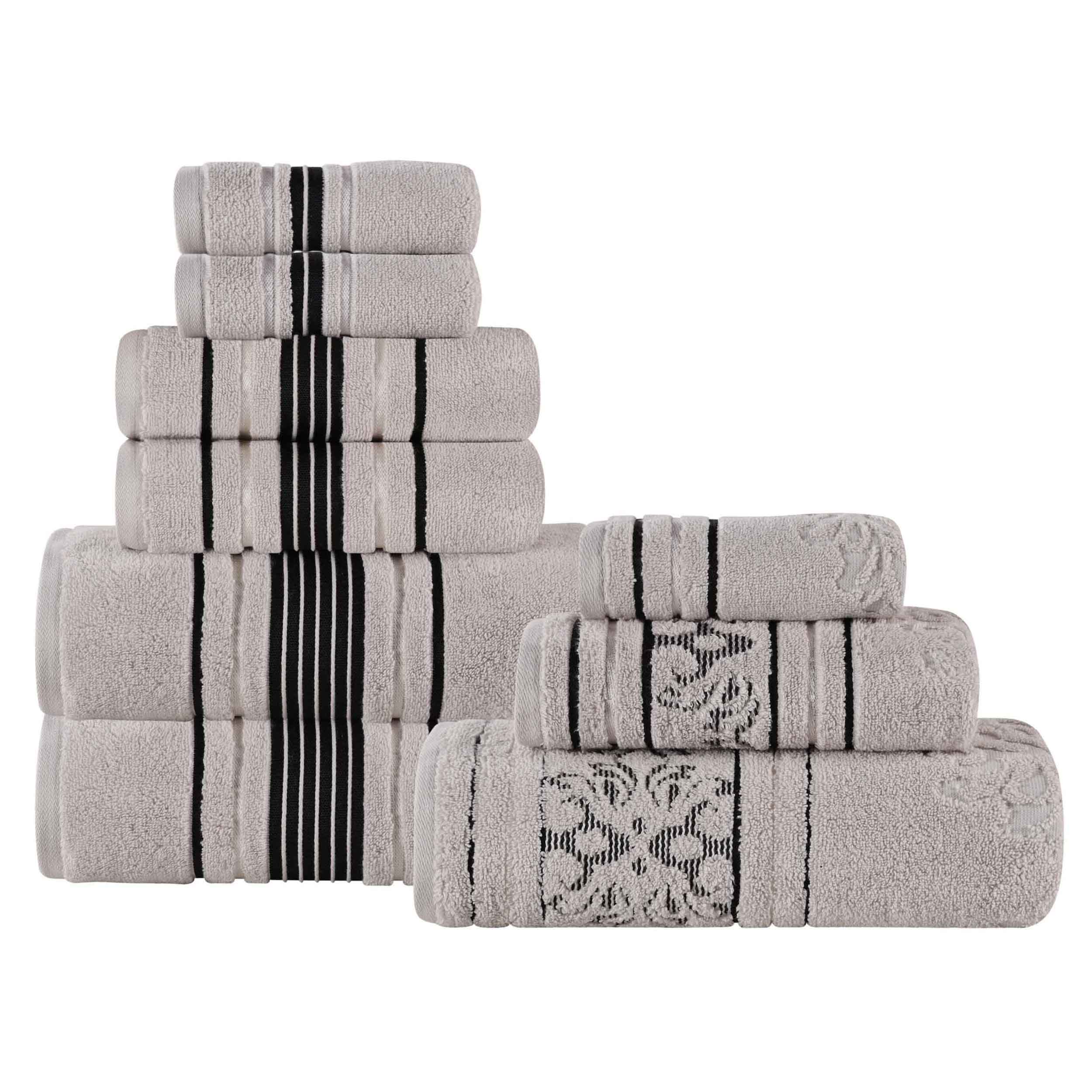Sadie 9-Piece Zero Twist Cotton Towel Set - Solid & Jacquard Floral Bath Towels, Hand Towels & Washcloths - Soft & Absorbent for Bathroom, Spa & Guest Room