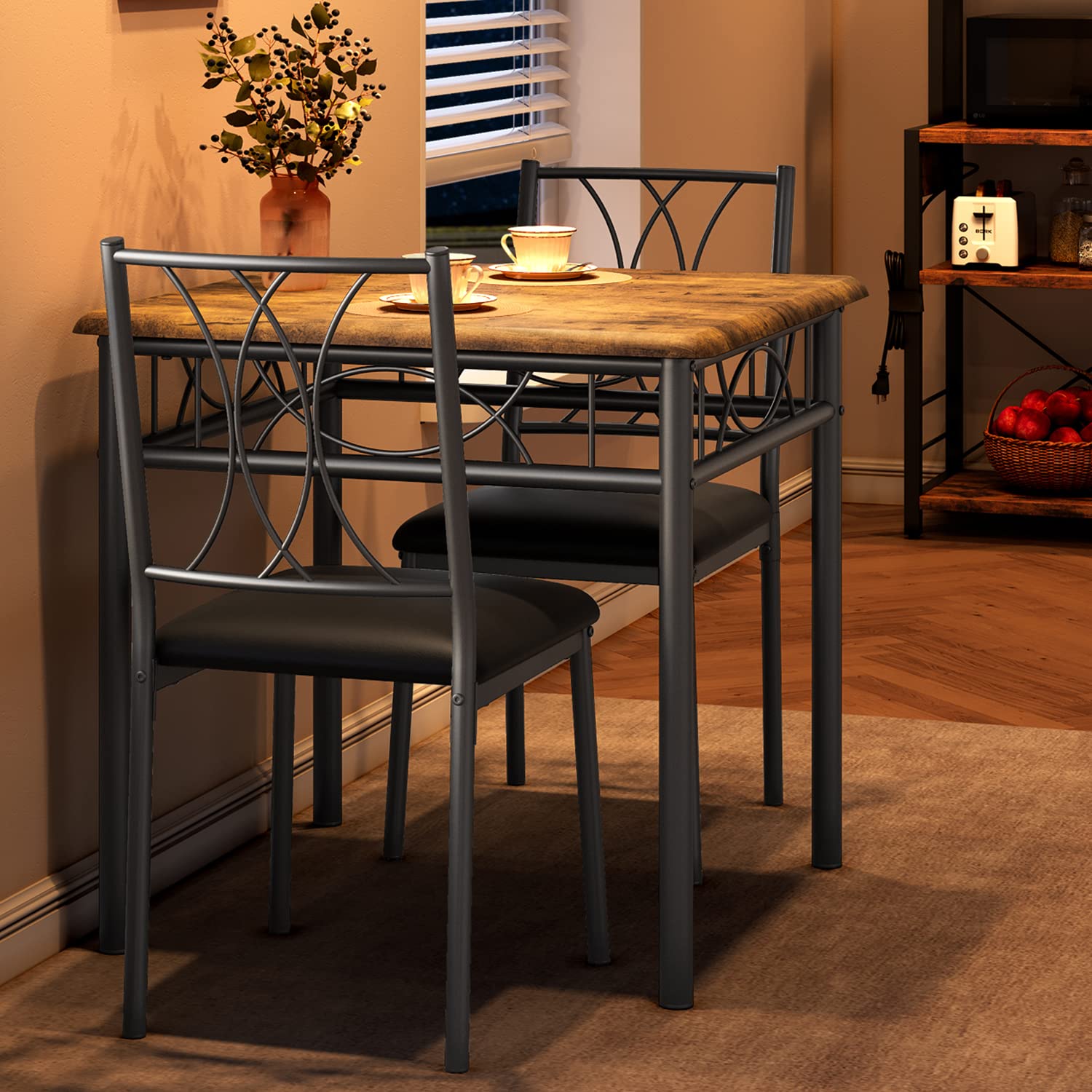 IDEALHOUSE 2-Person Square Dining Table Set with Upholstered Chairs - Compact Kitchen Table & Chairs for Small Spaces, Apartments - Retro Brown Finish for Cozy Dinners & Breakfast Nook