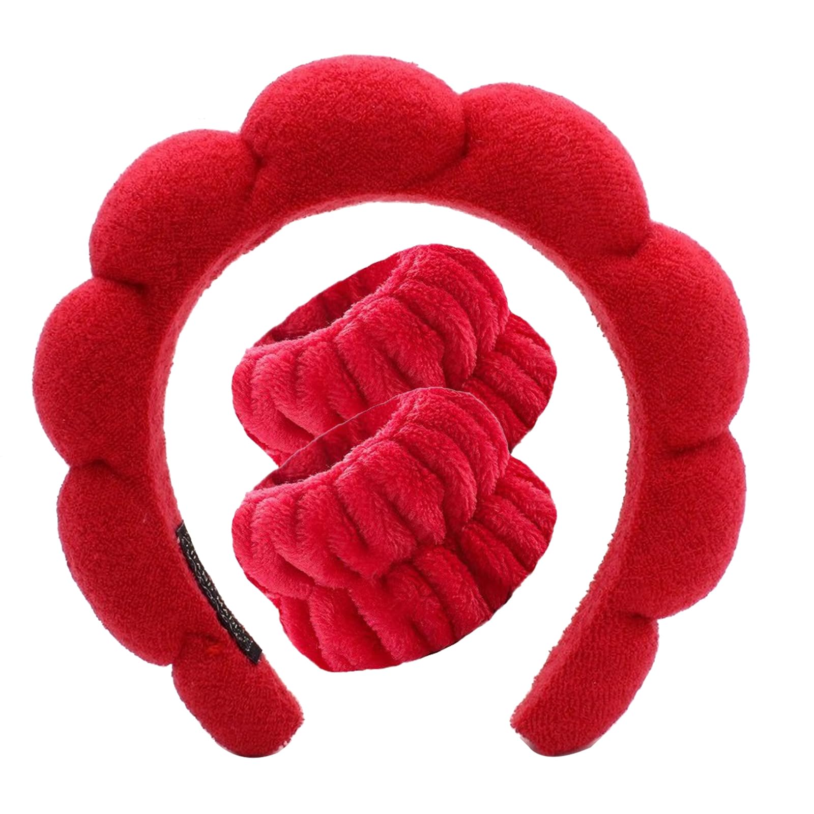 Soft Fluffy Red Bubble Headband for Women & Girls - Wash Face, Makeup & Spa Skincare Headband with Wrist Towel - Perfect for Facial Cleansing, Beauty Routine & Relaxation