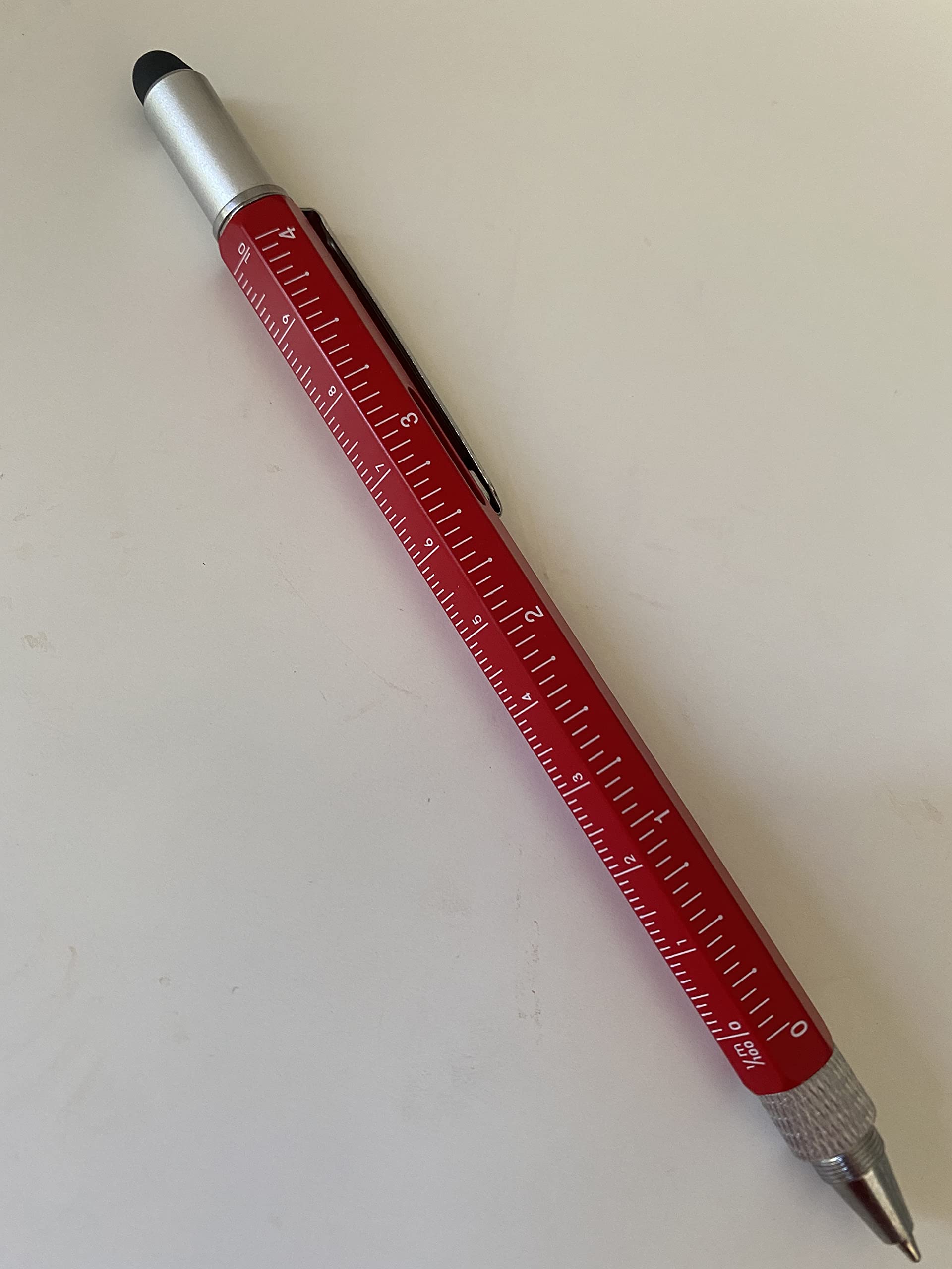 6-in-1 Multifunctional Screwdriver Pen Tool with 0.7mm Black Ink (4 Refills), Touchscreen Stylus, Ruler & Level Gauge - Perfect for DIY Repairs, Office Work, Tech Maintenance & Everyday Carry (Red)