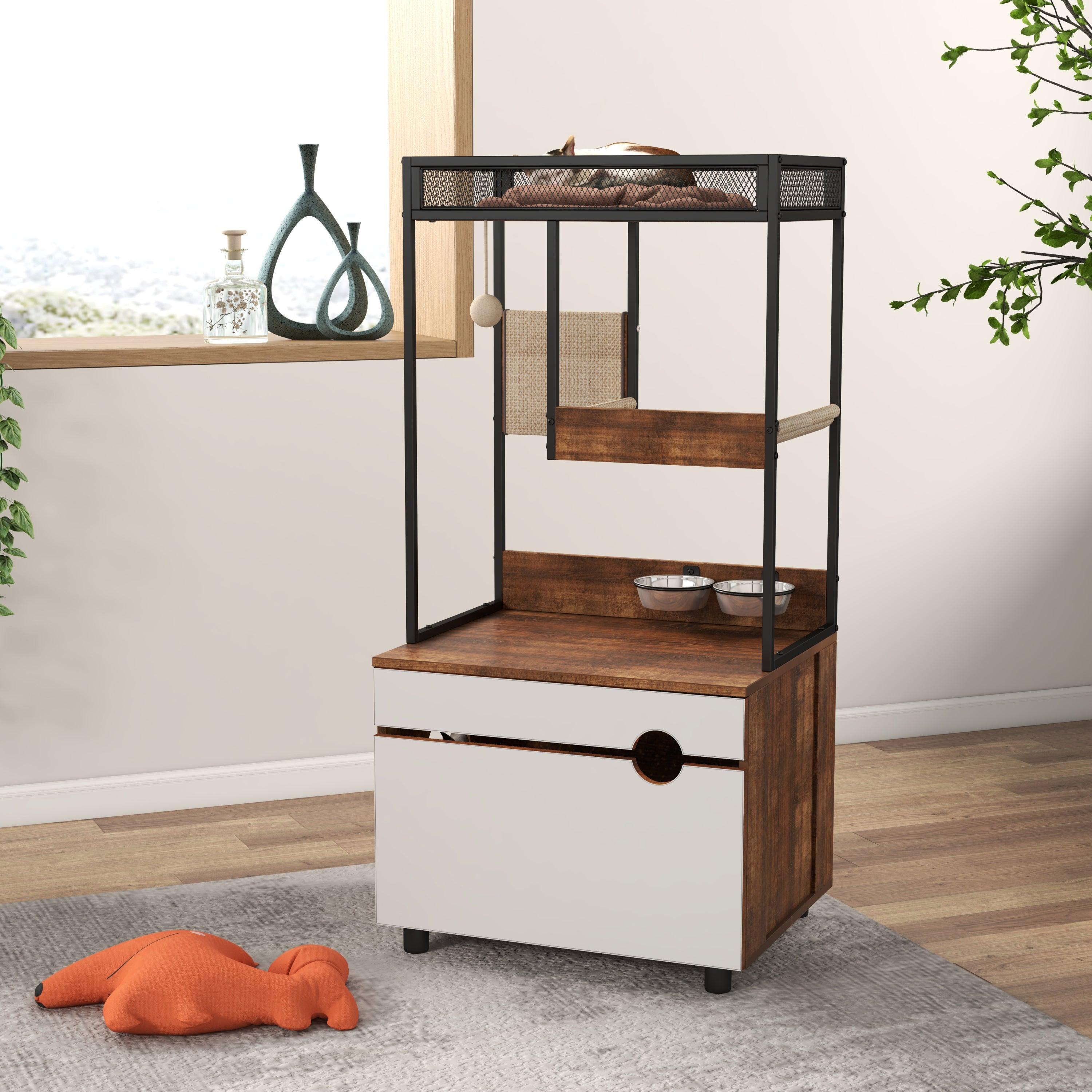 Cat Litter Box Enclosure with Cat Tree Tower - Modern Cat Furniture Cabinet for Home Decor | Perfect for Small Spaces & Multi-Cat Households