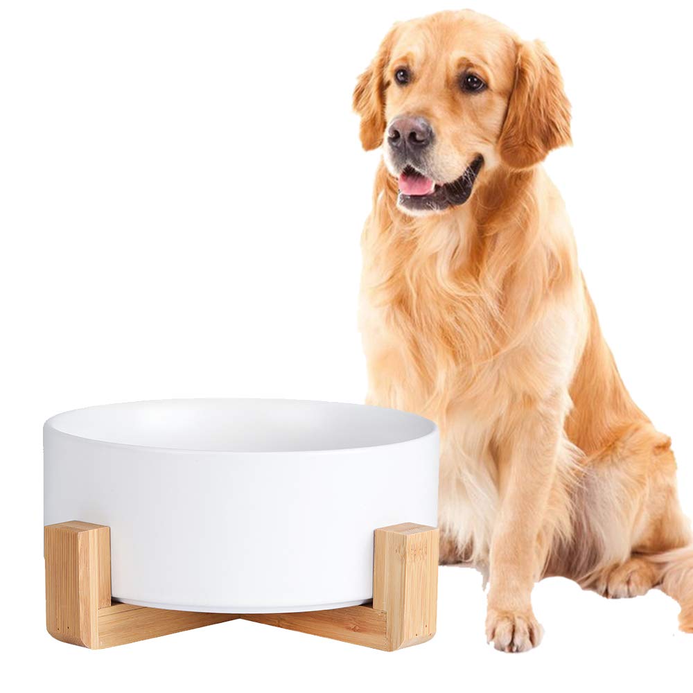 Premium Ceramic Dog Bowl with Non-Slip Wood Stand - 8 Cup Spill-Proof Pet Dish for Large Dogs & Cats - Perfect for Food & Water Feeding at Home or Outdoor Use