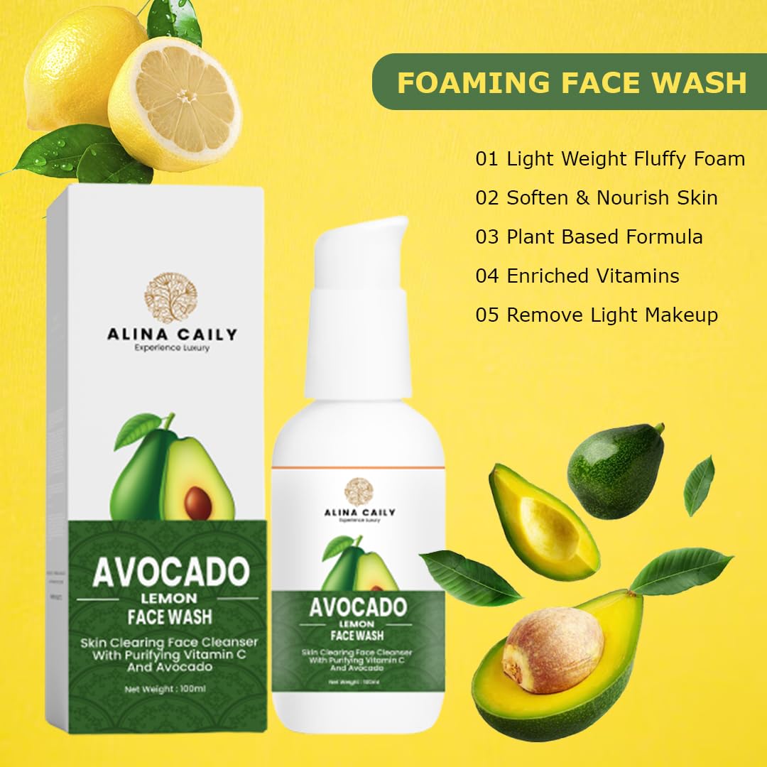 Alina Caily Avocado & Lemon Face Wash for Women - Vitamin C Anti-Aging Cleanser for All Skin Types, Oily Skin Care, 100ml, Paraben-Free | Gentle Daily Cleansing & Brightening Skincare Routine
