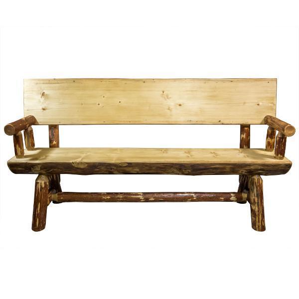 Glacier Country Half Log Bench with Back & Arms - Rustic Outdoor Wooden Seating for Garden, Patio & Backyard Relaxation