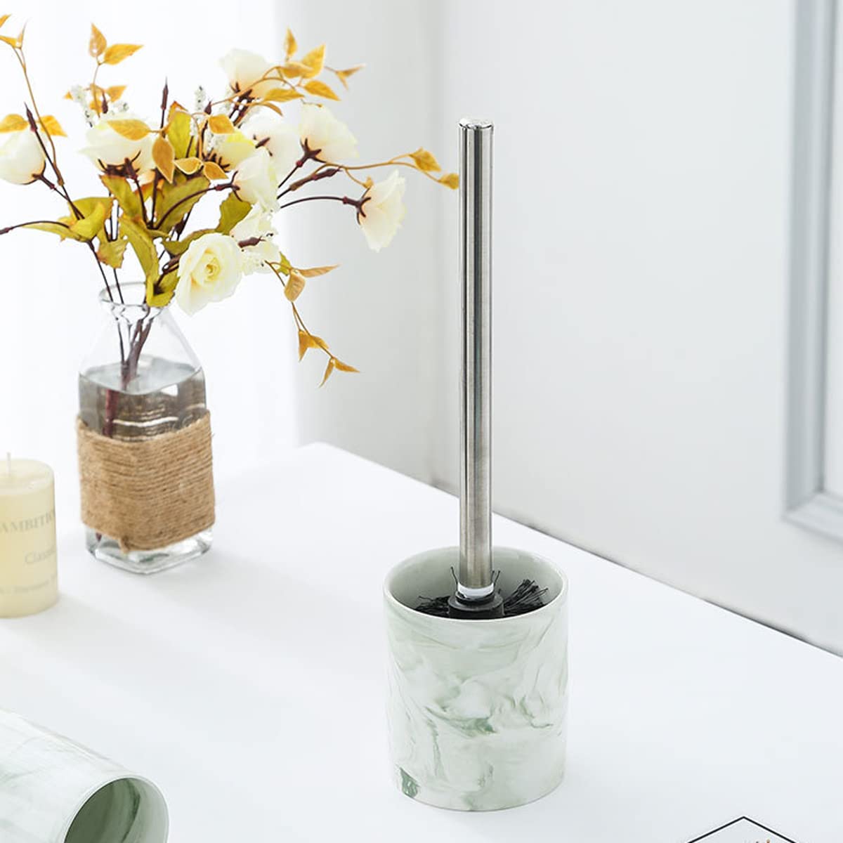 Marble Bathroom Set - Ceramic Soap Dish, Lotion Cup & Brush Holder for Vanity Sink (Green/Gray) | Home Decor