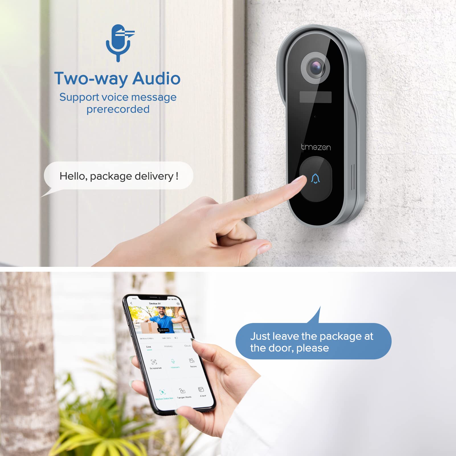 TMEZON Wireless Smart Video Doorbell Camera with Chime - 2K HD, Night Vision, PIR Motion Detection, Battery Powered, 2.4GHz WiFi - Ideal for Home Security & Front Door Monitoring