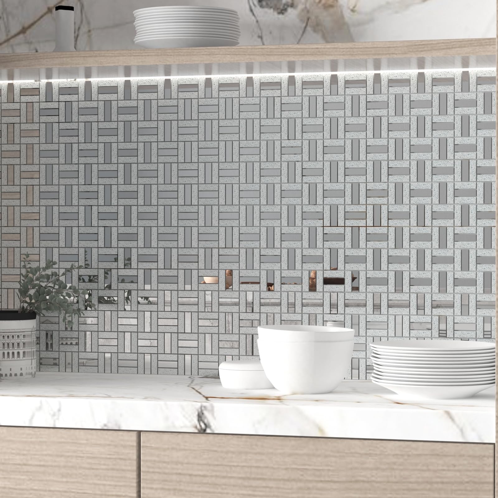 Premium Crystal Diamond Mirror Mosaic Tiles - Silver Brick Flat Glass Mosaic for Kitchen Backsplash & Bathroom Wall Decor (6 Sheets) - Perfect for Home Renovation, DIY Projects, and Luxury Interior Design