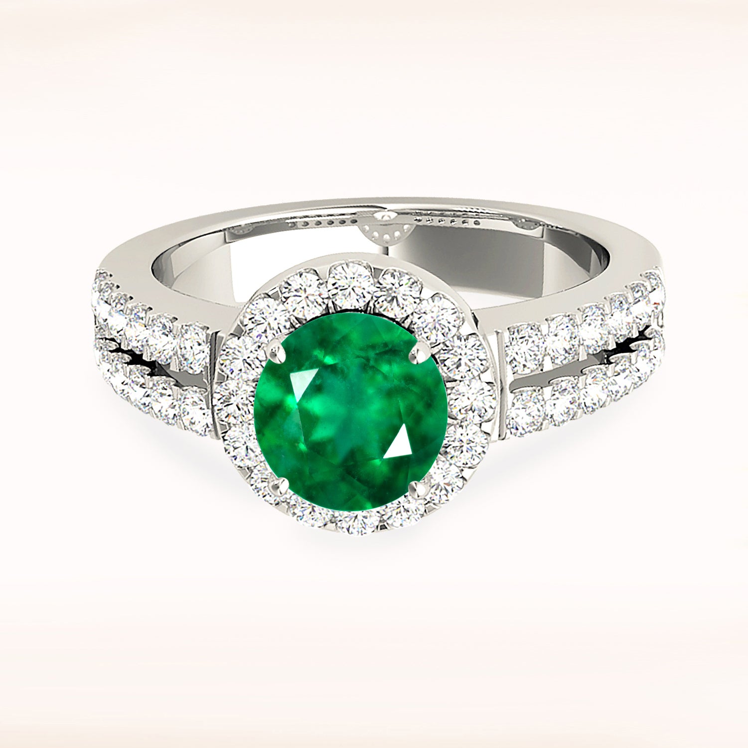1.15 Carat Genuine Emerald Halo Ring with Split Diamond Band - Elegant Engagement & Wedding Jewelry for Women