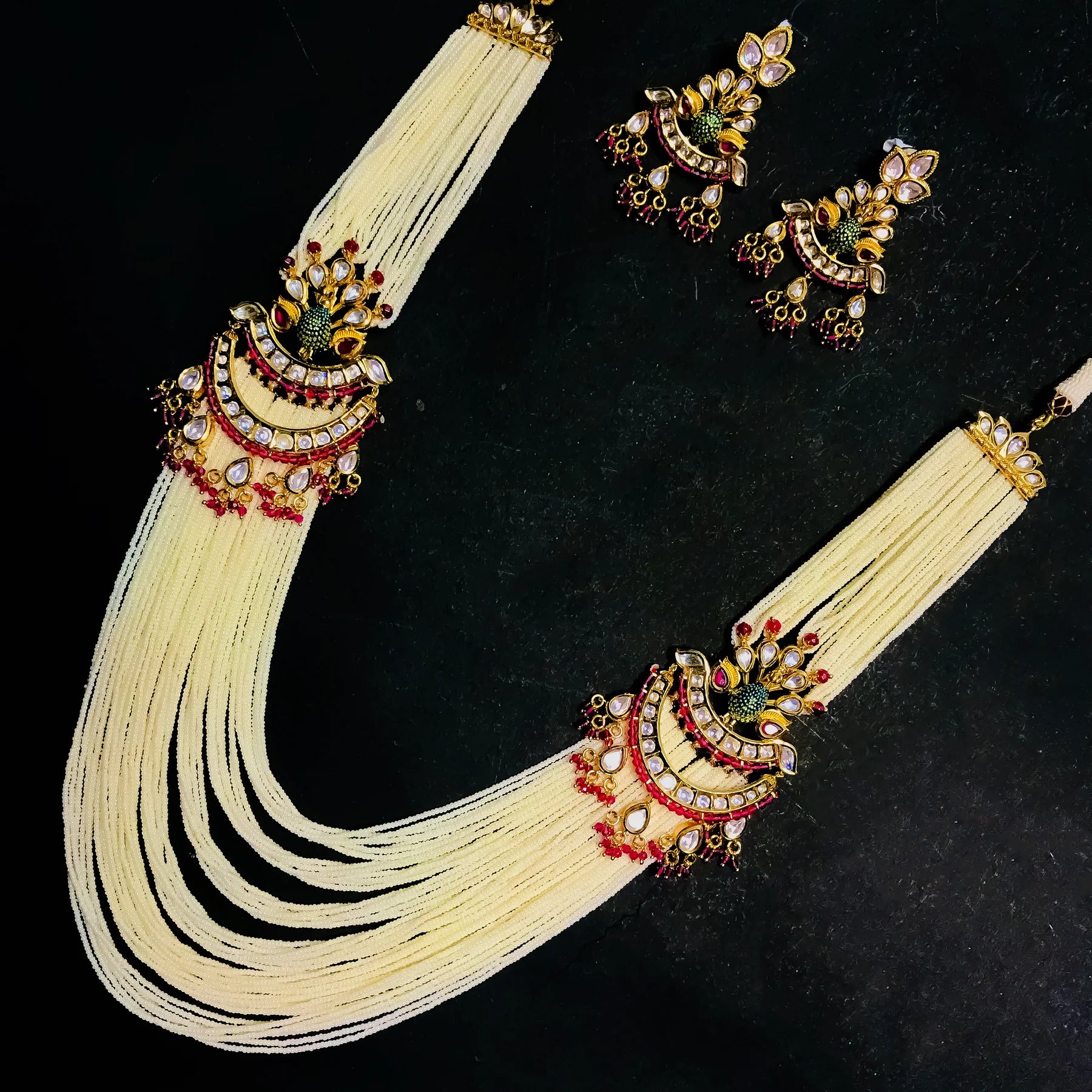 Luxury Gold Plated Royal Kundan & White Beads Long Necklace Set with Matching Earrings - Perfect for Weddings, Parties & Special Occasions