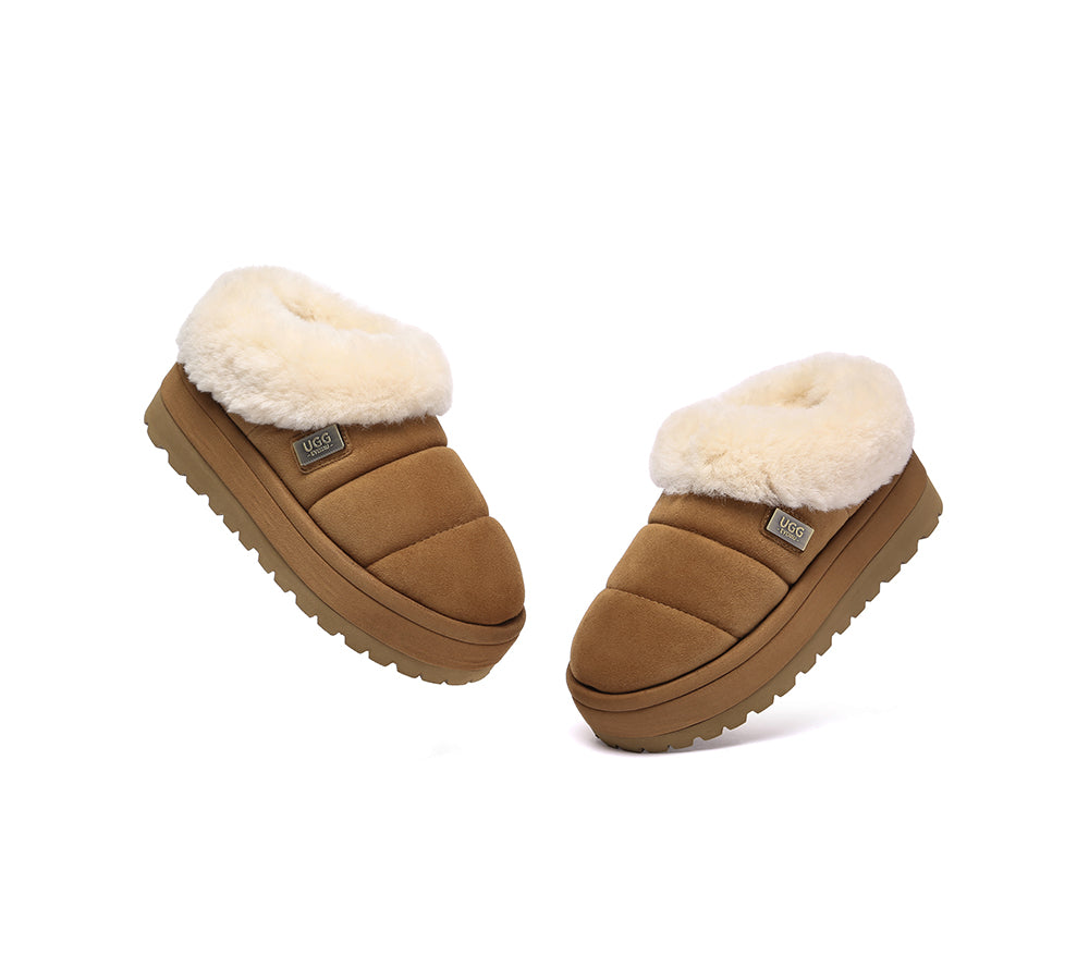 UGG EVERAU® Women's Sheepskin Wool Collar Ankle Slippers with Platform - Cozy House Shoes for Winter, Lounge & Indoor Comfort