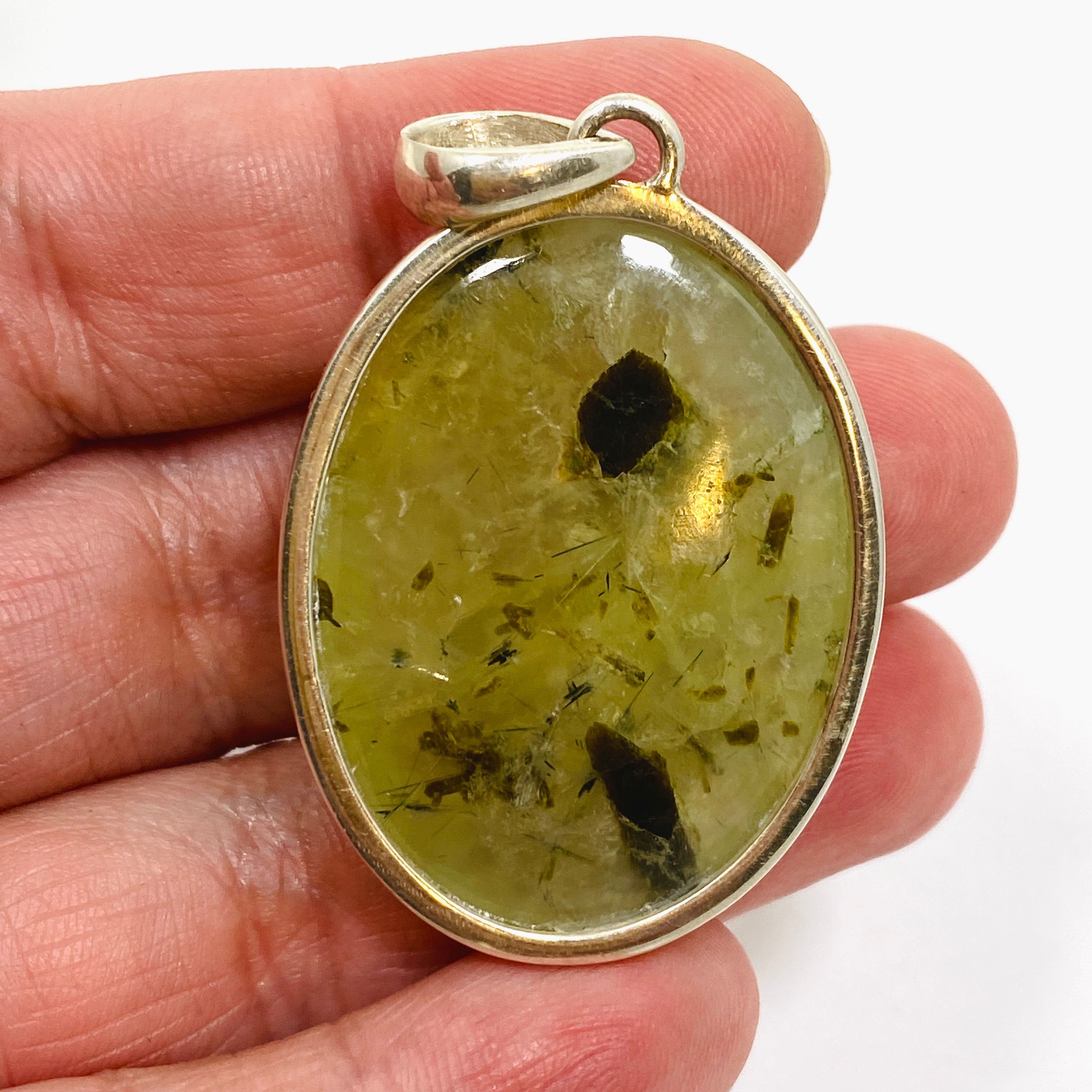 Natural Prehnite and Epidote Oval Cabochon Pendant - Handmade Gemstone Jewelry PPGJ1016 for Healing, Meditation & Spiritual Gifts