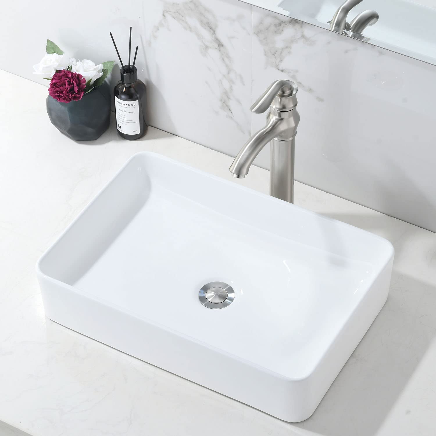 20x14 Inch Modern White Porcelain Ceramic Vessel Sink - Rectangular Above Counter Bathroom Vanity Sink with Art Basin | Perfect for Contemporary Bathrooms, Powder Rooms, and Luxury Home Decor (HLBLFY)